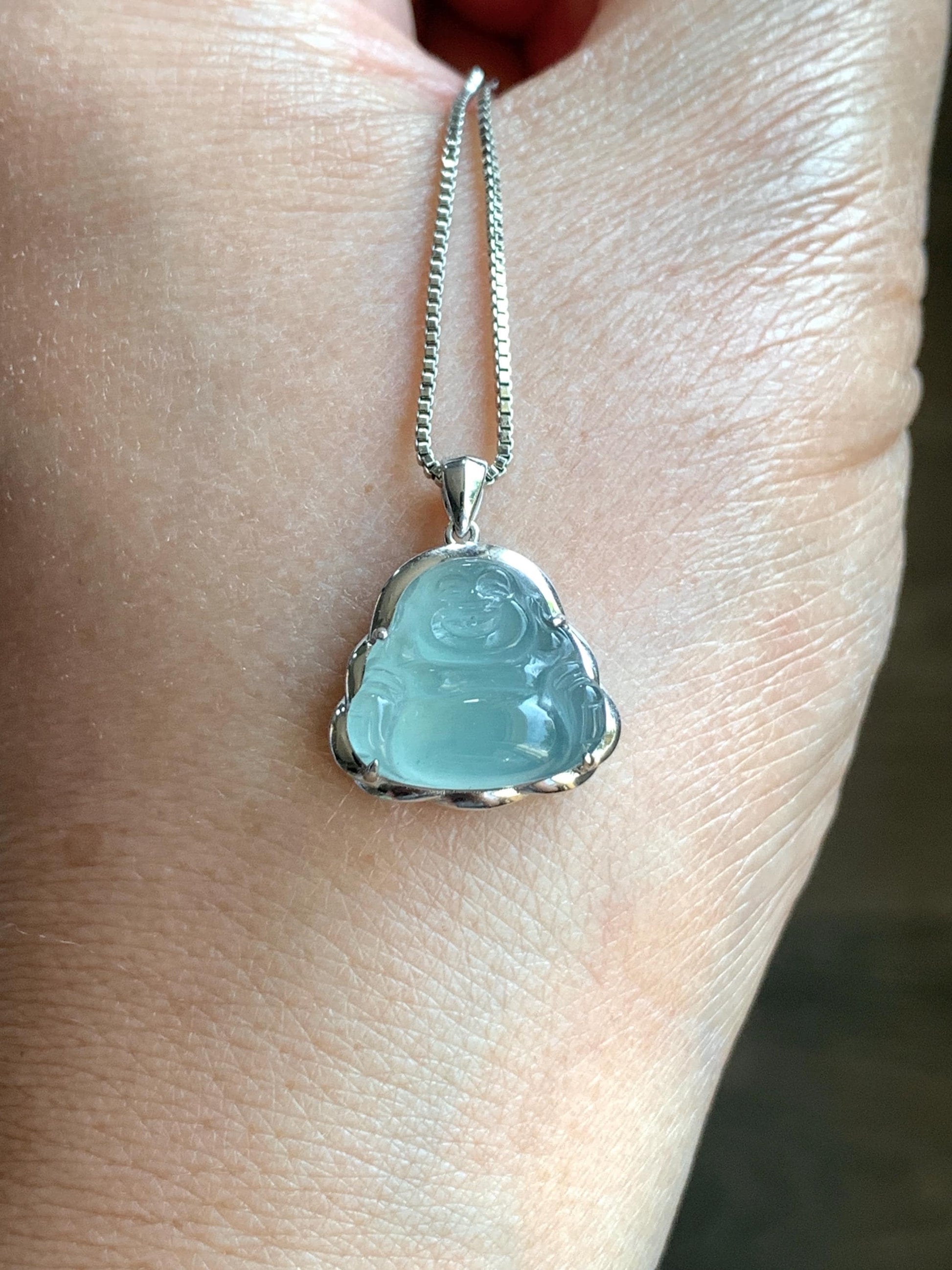 Certified Natural Guatemalan Icy Highly Translucent Light Teal Blue Jadeite Buddha Petite Pendant Sterling Silver 天然老种高冰危蓝绿翡翠起光佛公镶嵌吊坠 3025