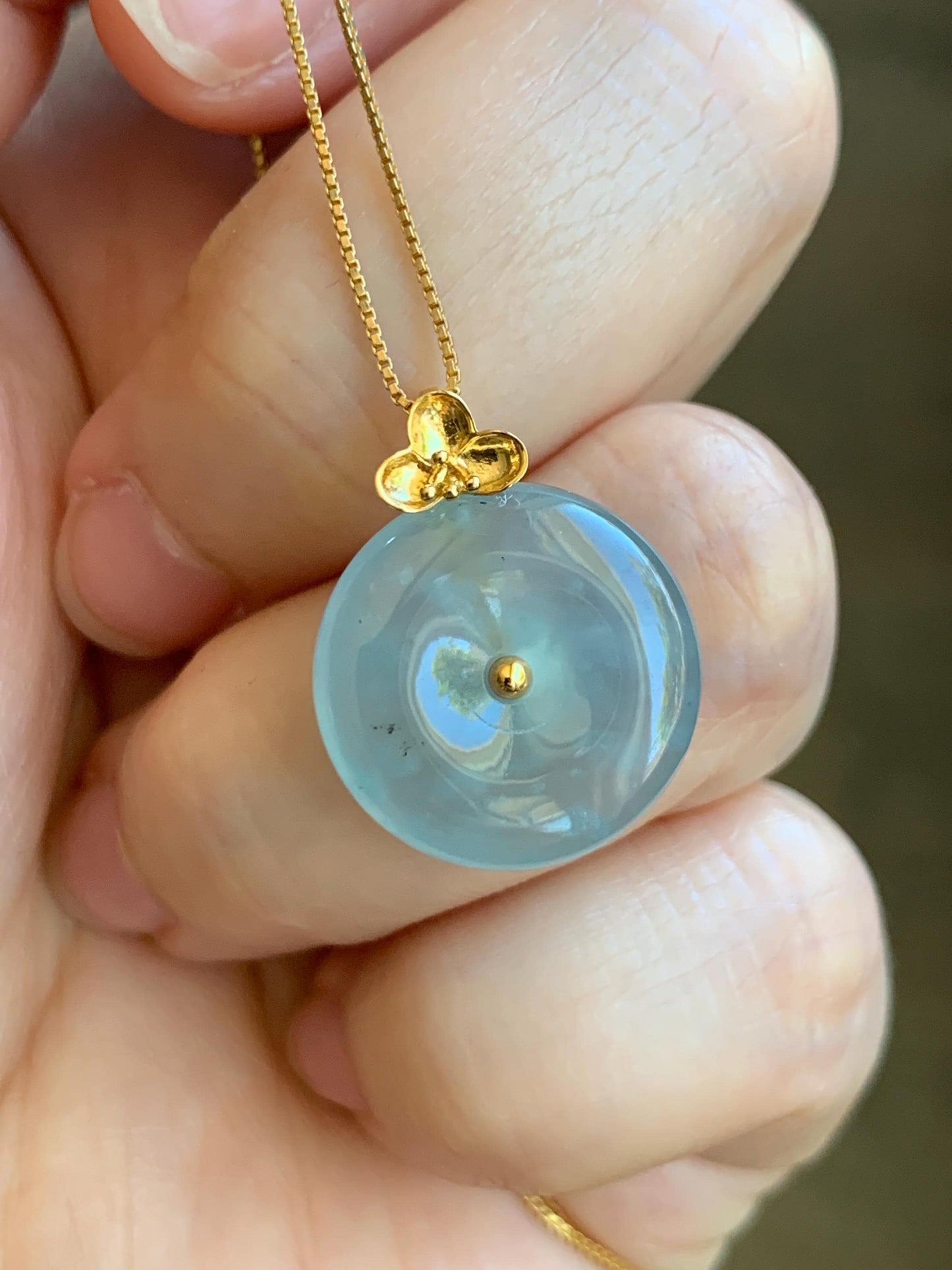 Certified Natural Guatemalan Icy Highly Translucent Light Blue Jade Jadeite Ping An Kou Donut Pendant 14K Yellow Gold 天然冰危淡蓝平安扣镶嵌吊坠 9420