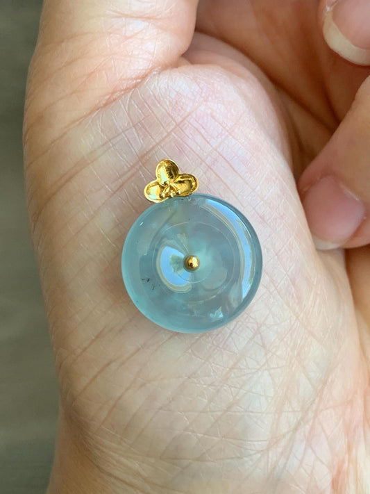 Certified Natural Guatemalan Icy Highly Translucent Light Blue Jade Jadeite Ping An Kou Donut Pendant 14K Yellow Gold 天然冰危淡蓝平安扣镶嵌吊坠 9420