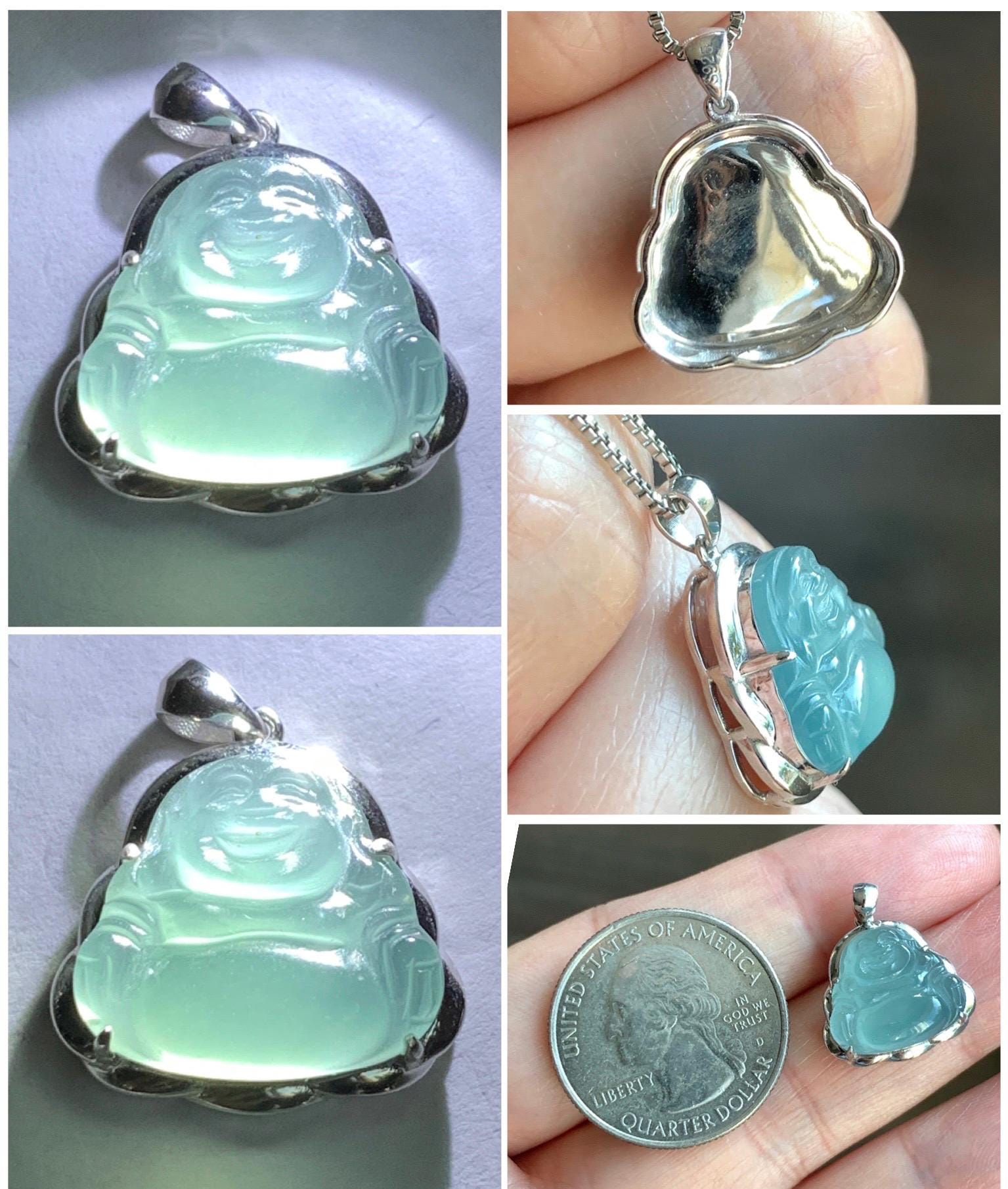 Certified Natural Guatemalan Icy Highly Translucent Light Teal Blue Jadeite Buddha Petite Pendant Sterling Silver 天然老种高冰危蓝绿翡翠起光佛公镶嵌吊坠 3025