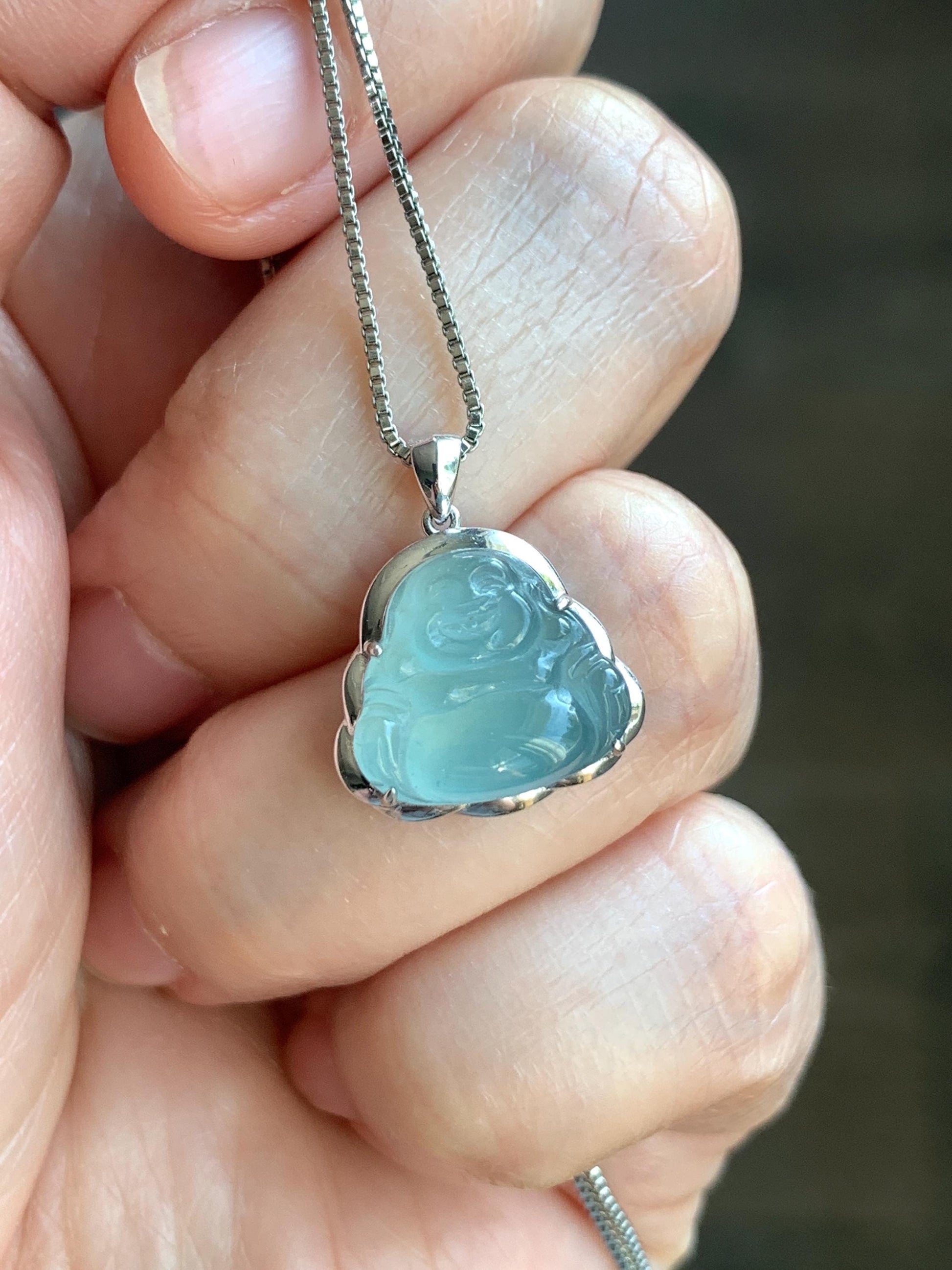 Certified Natural Guatemalan Icy Highly Translucent Light Teal Blue Jadeite Buddha Petite Pendant Sterling Silver 天然老种高冰危蓝绿翡翠起光佛公镶嵌吊坠 3025