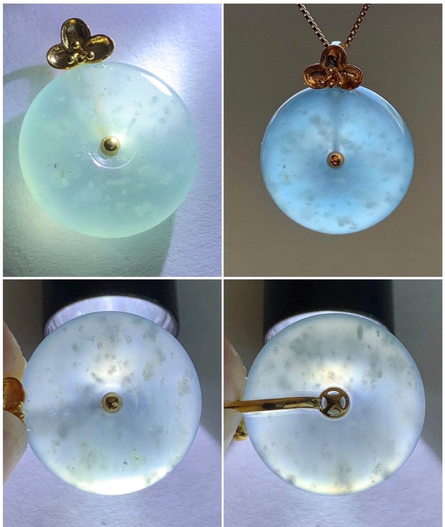 Certified Natural Guatemalan Icy Highly Translucent Light Blue Jade Jadeite Ping An Kou Donut Pendant 14K Yellow Gold 天然冰危淡蓝平安扣镶嵌吊坠 9420