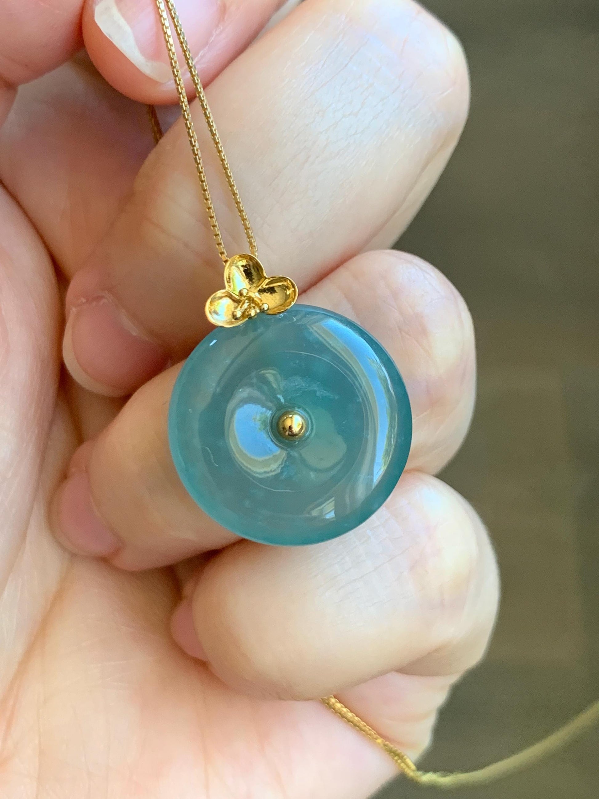 Certified Natural Guatemalan Icy Highly Translucent Teal Blue Jade Jadeite Ping An Kou Donut Pendant 14K Yellow Gold 天然冰危蓝平安扣镶嵌吊坠 9422