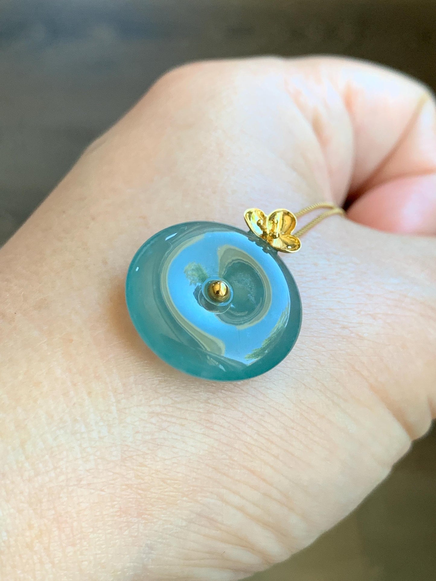 Certified Natural Guatemalan Icy Highly Translucent Teal Blue Jade Jadeite Ping An Kou Donut Pendant 14K Yellow Gold 天然冰危蓝平安扣镶嵌吊坠 9422
