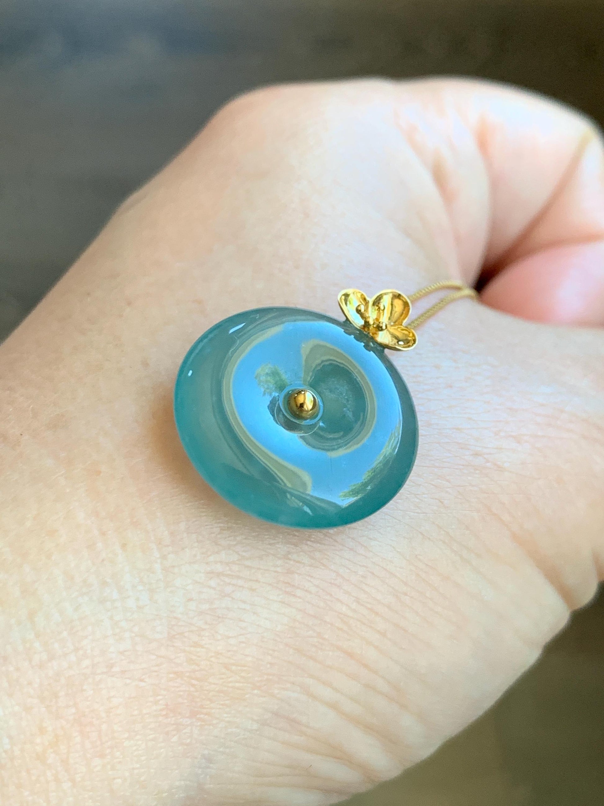 Certified Natural Guatemalan Icy Highly Translucent Teal Blue Jade Jadeite Ping An Kou Donut Pendant 14K Yellow Gold 天然冰危蓝平安扣镶嵌吊坠 9422
