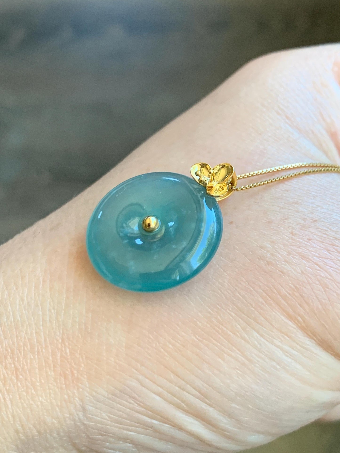 Certified Natural Guatemalan Icy Highly Translucent Teal Blue Jade Jadeite Ping An Kou Donut Pendant 14K Yellow Gold 天然冰危蓝平安扣镶嵌吊坠 9422