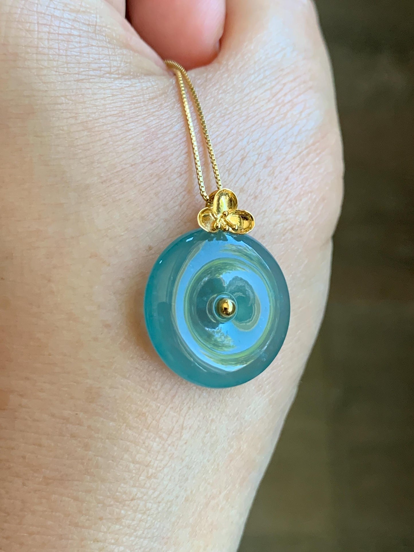 Certified Natural Guatemalan Icy Highly Translucent Teal Blue Jade Jadeite Ping An Kou Donut Pendant 14K Yellow Gold 天然冰危蓝平安扣镶嵌吊坠 9422