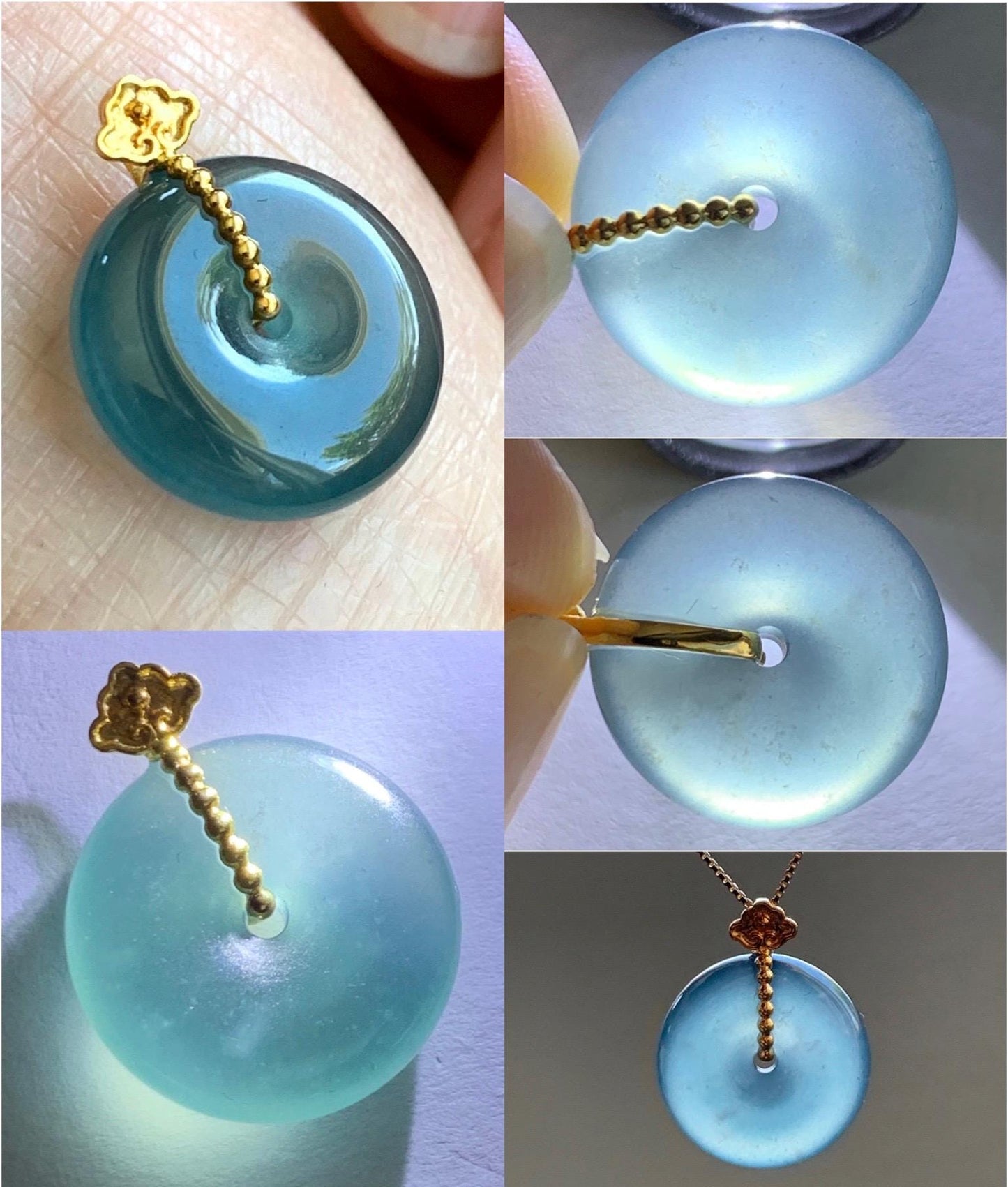 Certified Natural Guatemalan Icy Highly Translucent Aegean Blue Jadeite Ping An Kou Donut Petite Pendant 14K Yellow Gold 天然冰危深蓝平安扣镶嵌吊坠 9431