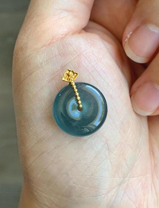 Certified Natural Guatemalan Icy Highly Translucent Aegean Blue Jadeite Ping An Kou Donut Petite Pendant 14K Yellow Gold 天然冰危深蓝平安扣镶嵌吊坠 9431
