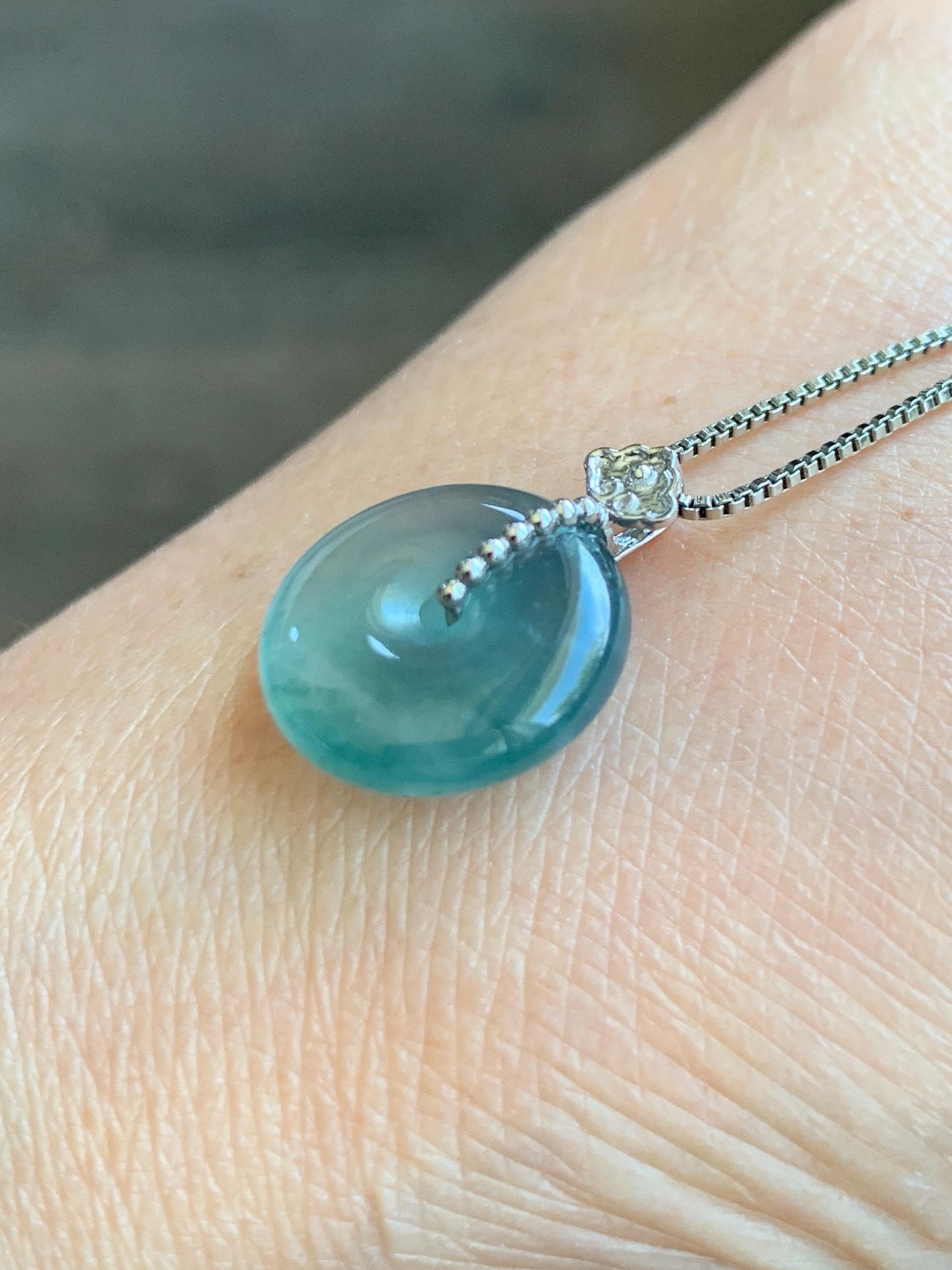Certified Natural Guatemalan Icy Highly Translucent Teal Blue Jadeite Ping An Kou Donut Petite Pendant 14K White Gold 天然冰危蓝绿平安扣镶嵌吊坠 9432
