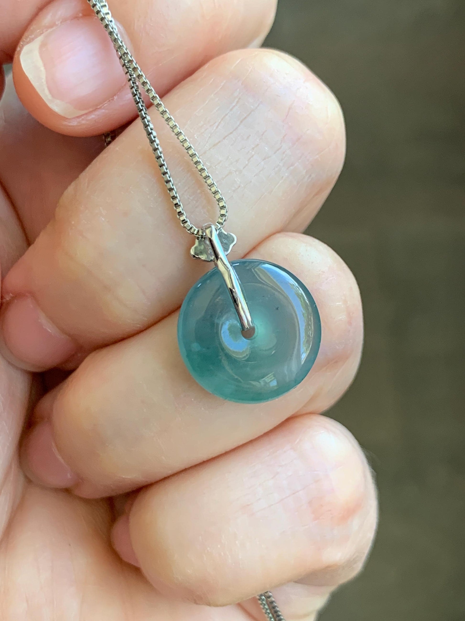 Certified Natural Guatemalan Icy Highly Translucent Teal Blue Jadeite Ping An Kou Donut Petite Pendant 14K White Gold 天然冰危蓝绿平安扣镶嵌吊坠 9432