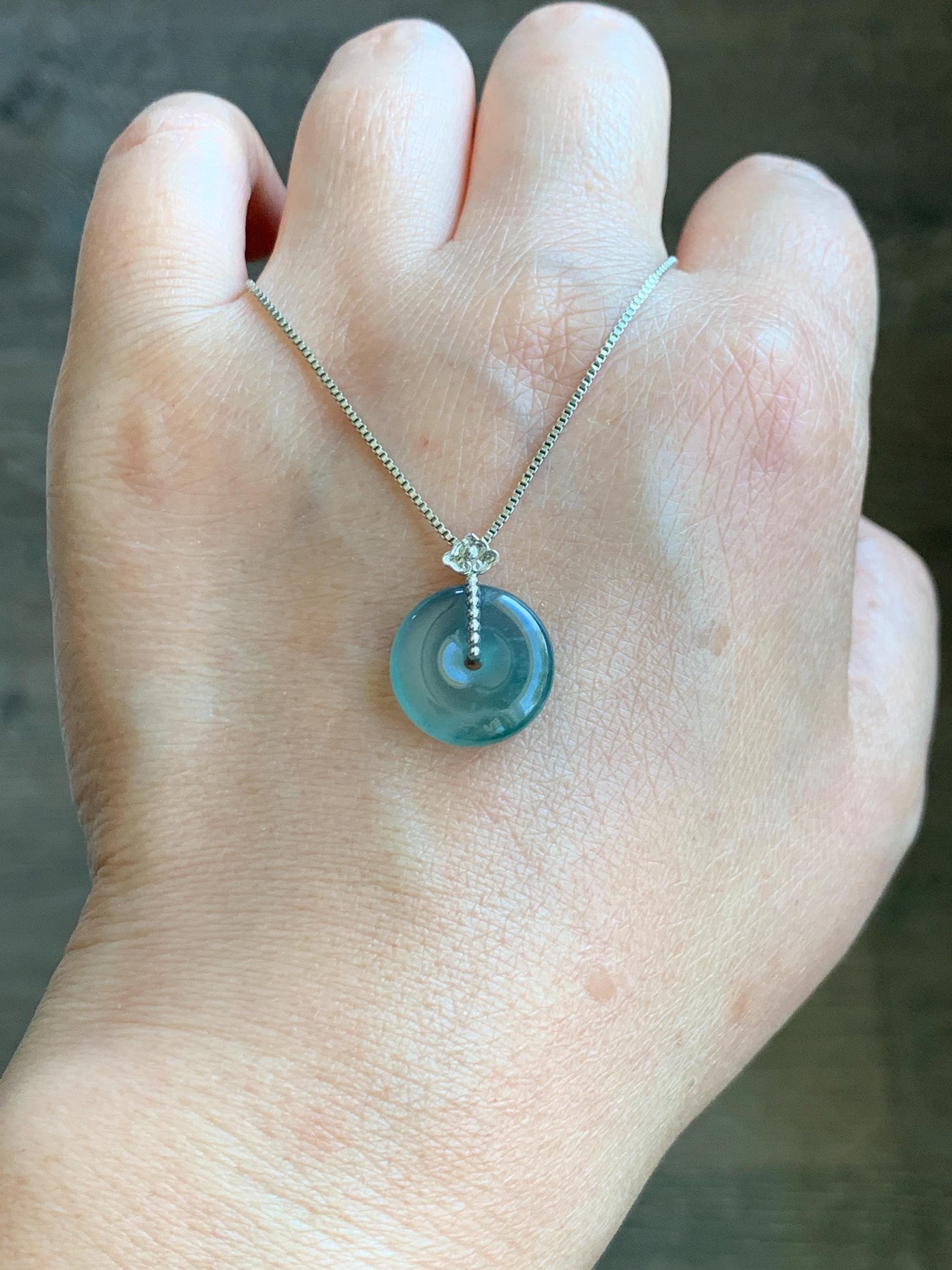 Certified Natural Guatemalan Icy Highly Translucent Teal Blue Jadeite Ping An Kou Donut Petite Pendant 14K White Gold 天然冰危蓝绿平安扣镶嵌吊坠 9432
