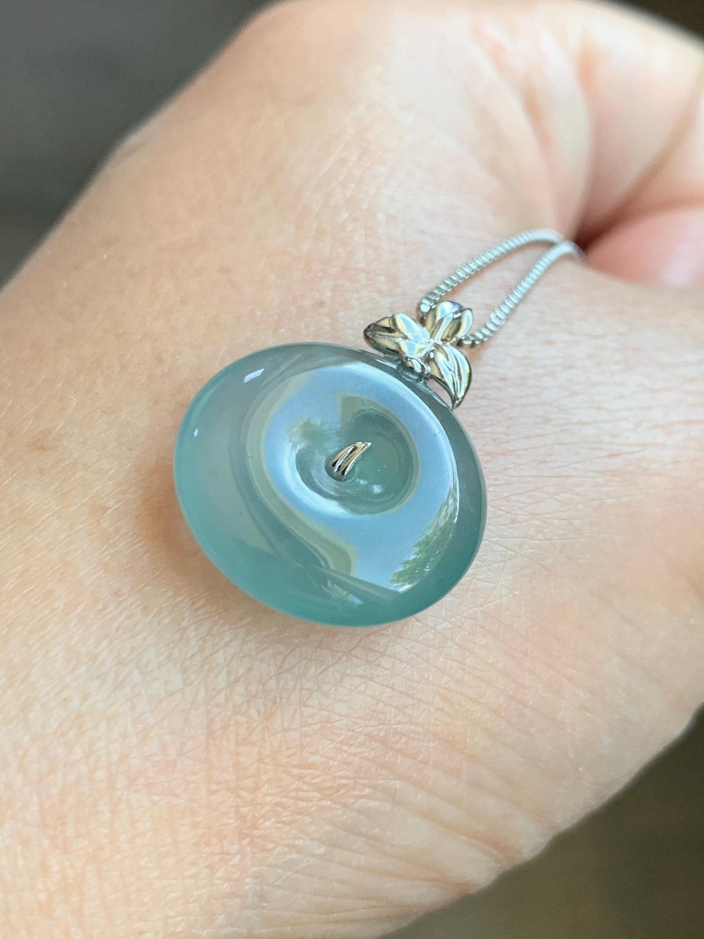 Certified Natural Guatemalan Icy Highly Translucent Light Teal Blue Jadeite Ping An Kou Donut Pendant 14K White Gold 天然冰危蓝绿平安扣镶嵌吊坠 9421