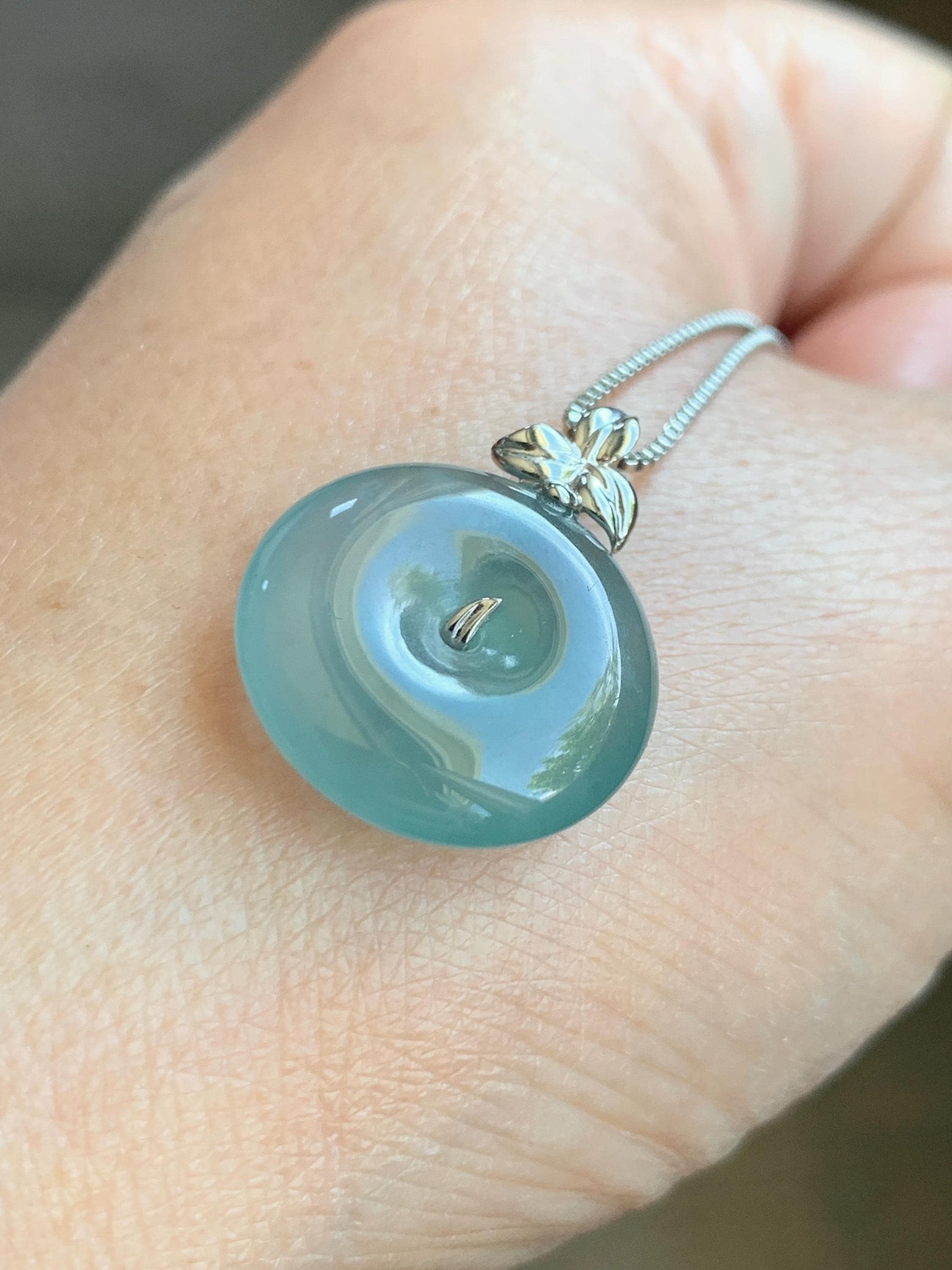 Certified Natural Guatemalan Icy Highly Translucent Light Teal Blue Jadeite Ping An Kou Donut Pendant 14K White Gold 天然冰危蓝绿平安扣镶嵌吊坠 9421