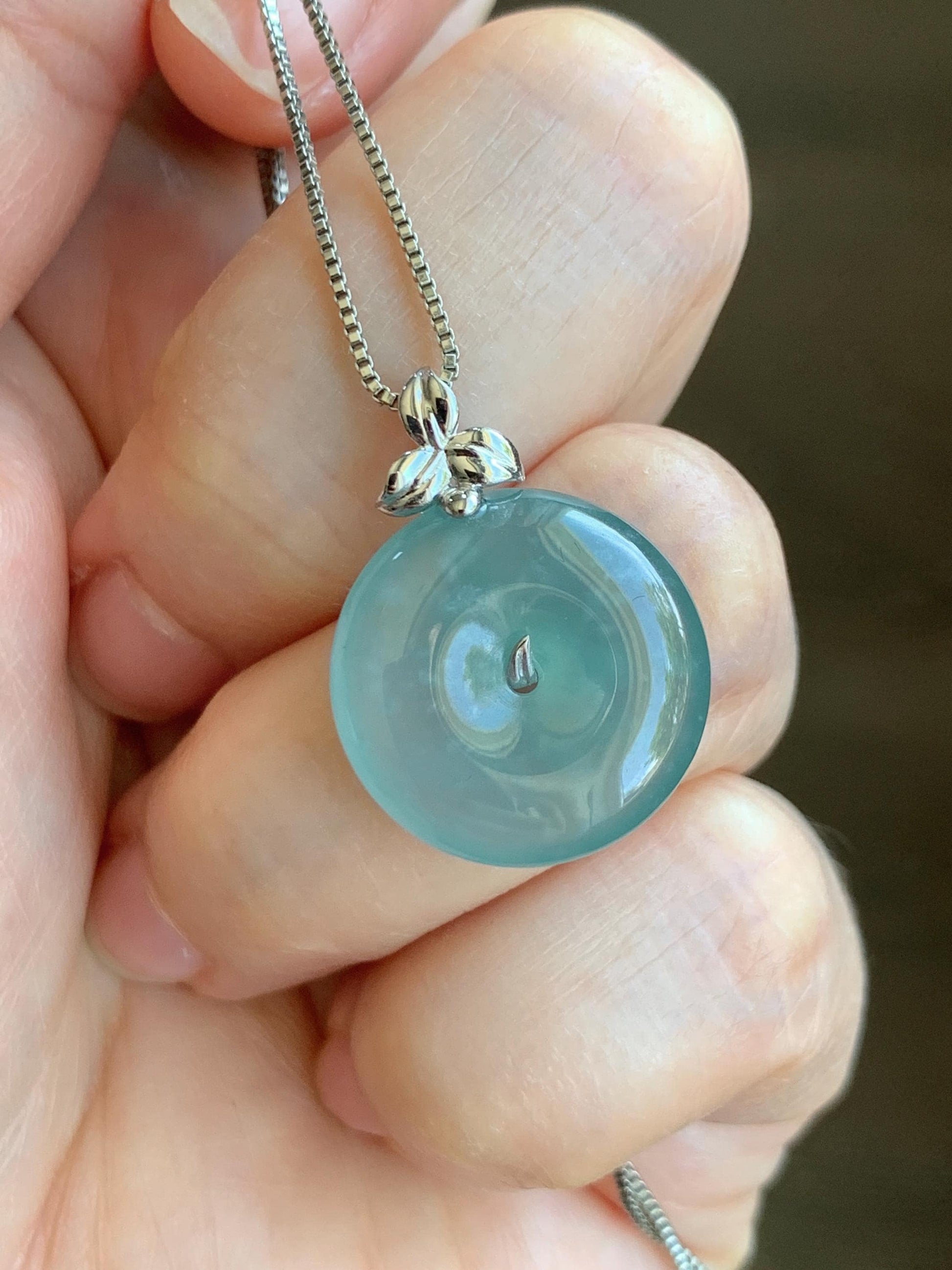 Certified Natural Guatemalan Icy Highly Translucent Light Teal Blue Jadeite Ping An Kou Donut Pendant 14K White Gold 天然冰危蓝绿平安扣镶嵌吊坠 9421