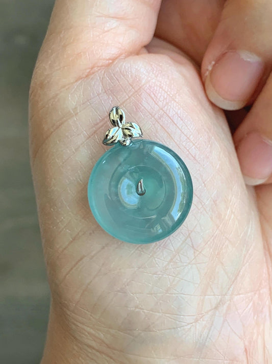 Certified Natural Guatemalan Icy Highly Translucent Light Teal Blue Jadeite Ping An Kou Donut Pendant 14K White Gold 天然冰危蓝绿平安扣镶嵌吊坠 9421