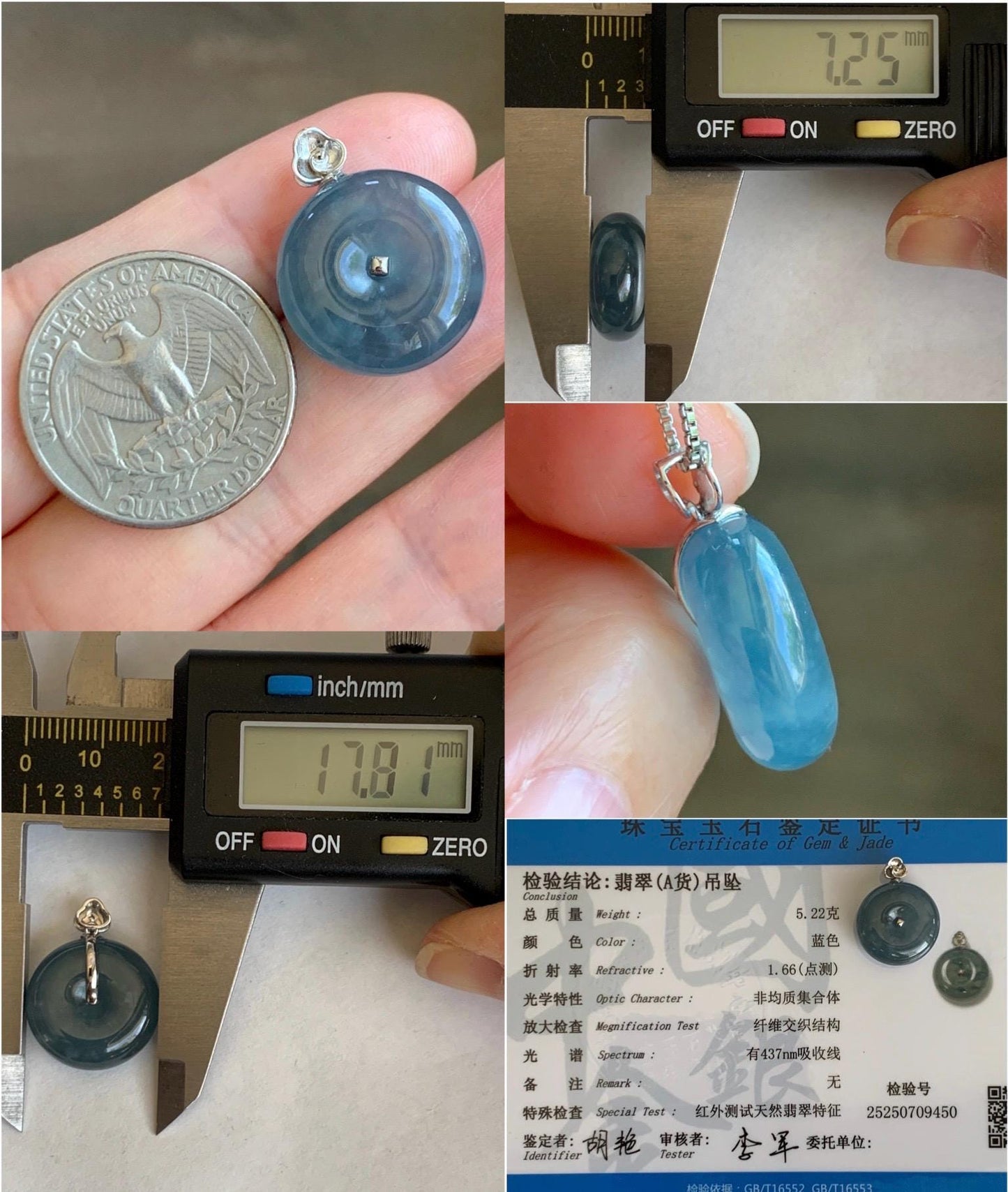Certified Natural Grade A Guatemalan Icy Highly Translucent Blue Jade Jadeite Ping An Kou Donut Pendant 14K White Gold 天然冰危蓝平安扣镶嵌吊坠 9450
