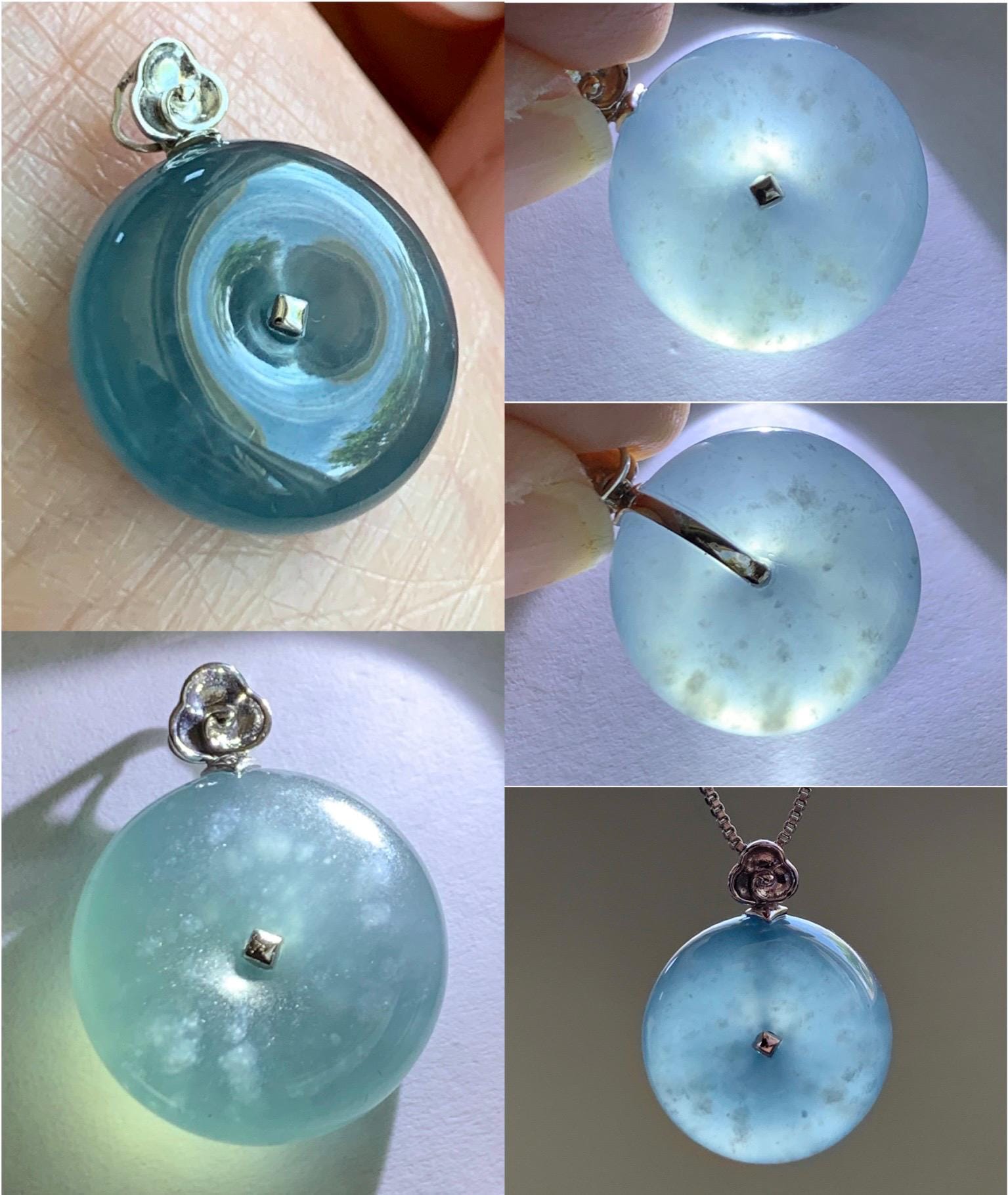 Certified Natural Grade A Guatemalan Icy Highly Translucent Blue Jade Jadeite Ping An Kou Donut Pendant 14K White Gold 天然冰危蓝平安扣镶嵌吊坠 9450