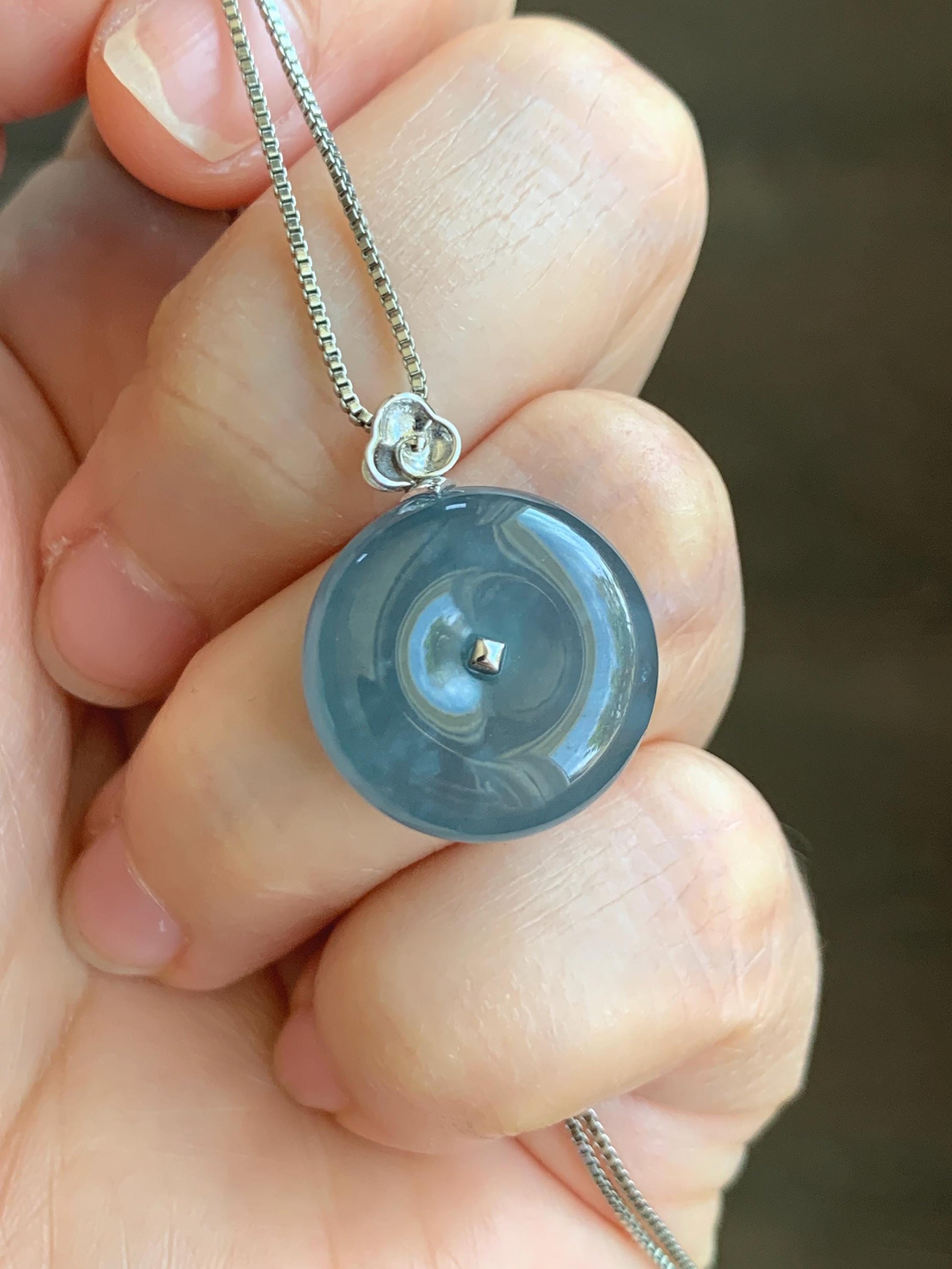 Certified Natural Grade A Guatemalan Icy Highly Translucent Blue Jade Jadeite Ping An Kou Donut Pendant 14K White Gold 天然冰危蓝平安扣镶嵌吊坠 9450