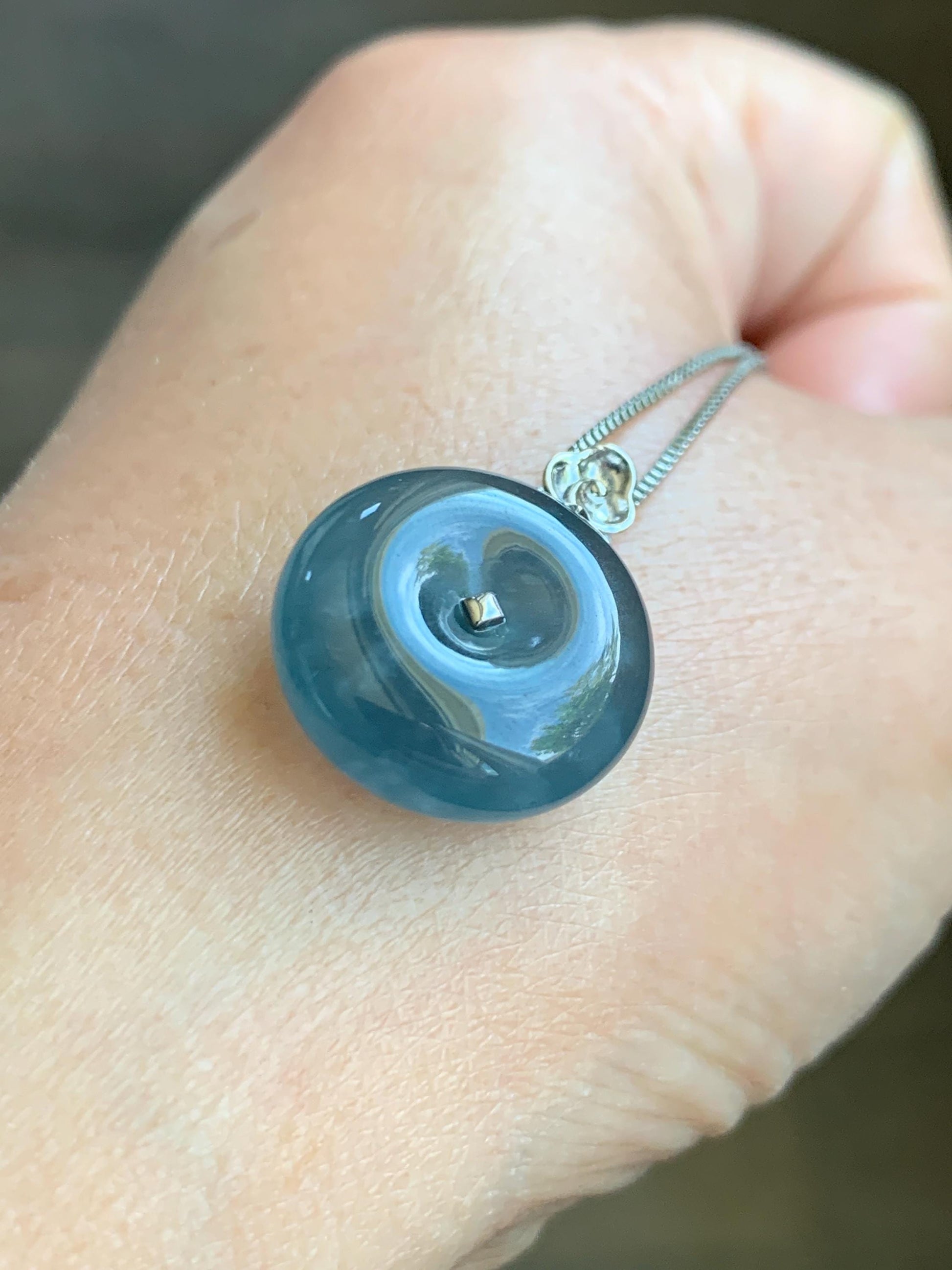 Certified Natural Grade A Guatemalan Icy Highly Translucent Blue Jade Jadeite Ping An Kou Donut Pendant 14K White Gold 天然冰危蓝平安扣镶嵌吊坠 9450