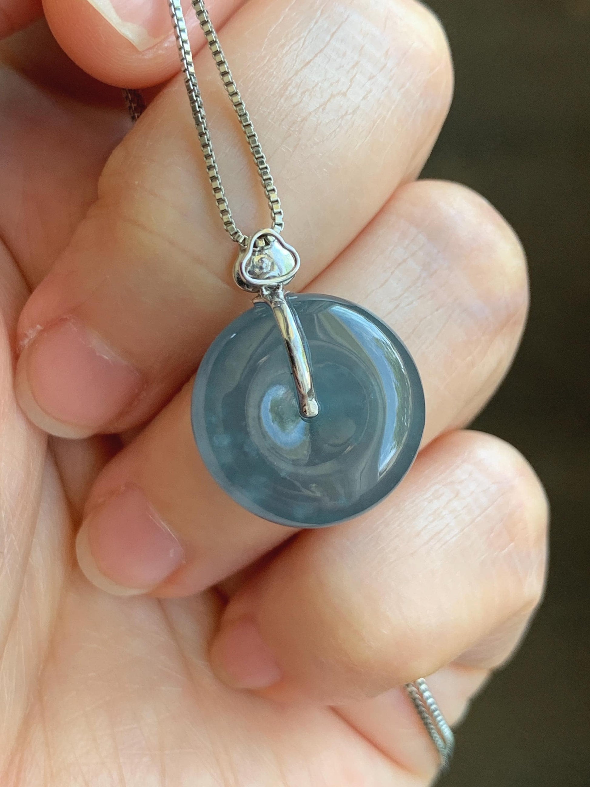 Certified Natural Grade A Guatemalan Icy Highly Translucent Blue Jade Jadeite Ping An Kou Donut Pendant 14K White Gold 天然冰危蓝平安扣镶嵌吊坠 9450