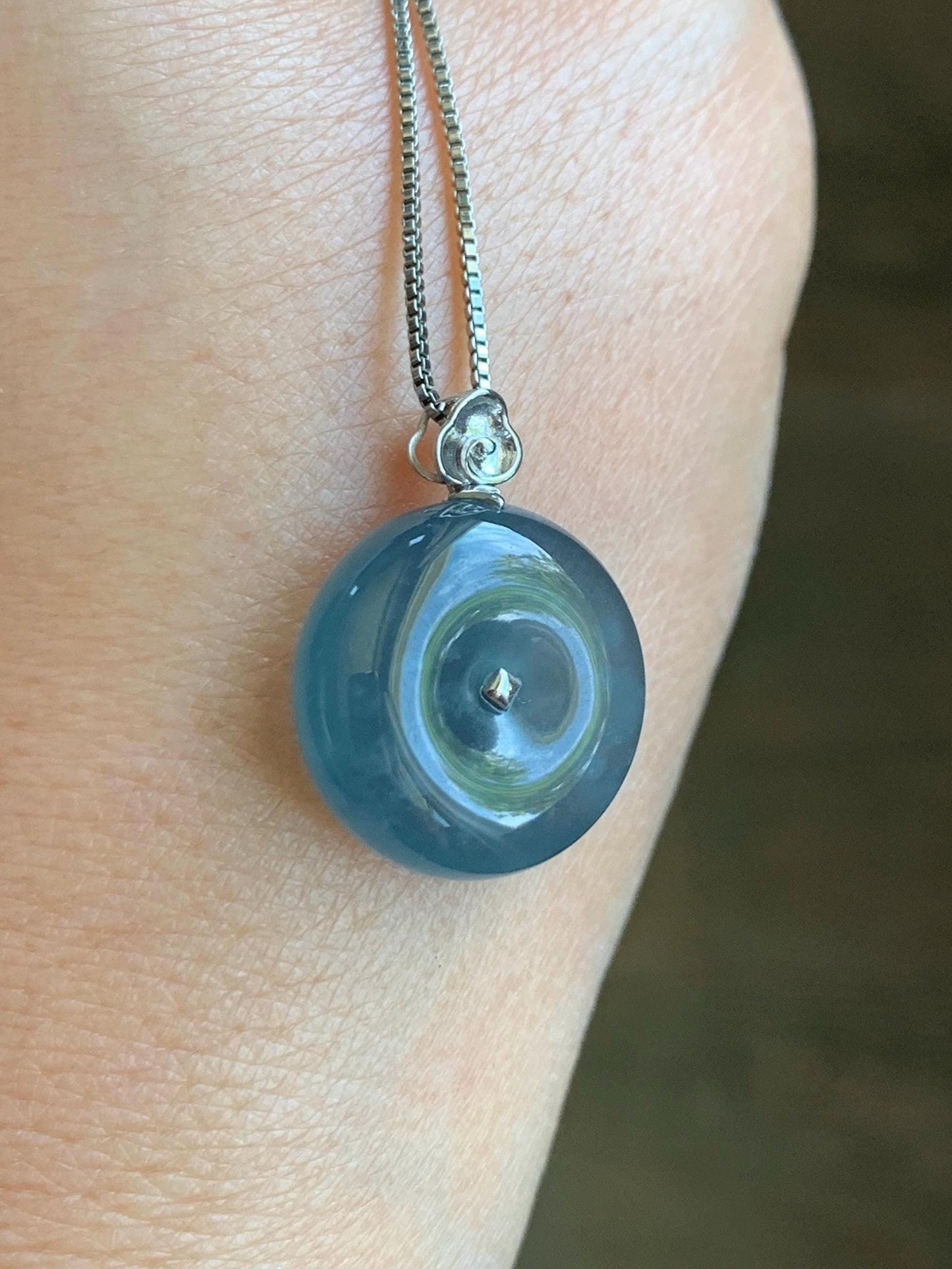 Certified Natural Grade A Guatemalan Icy Highly Translucent Blue Jade Jadeite Ping An Kou Donut Pendant 14K White Gold 天然冰危蓝平安扣镶嵌吊坠 9450