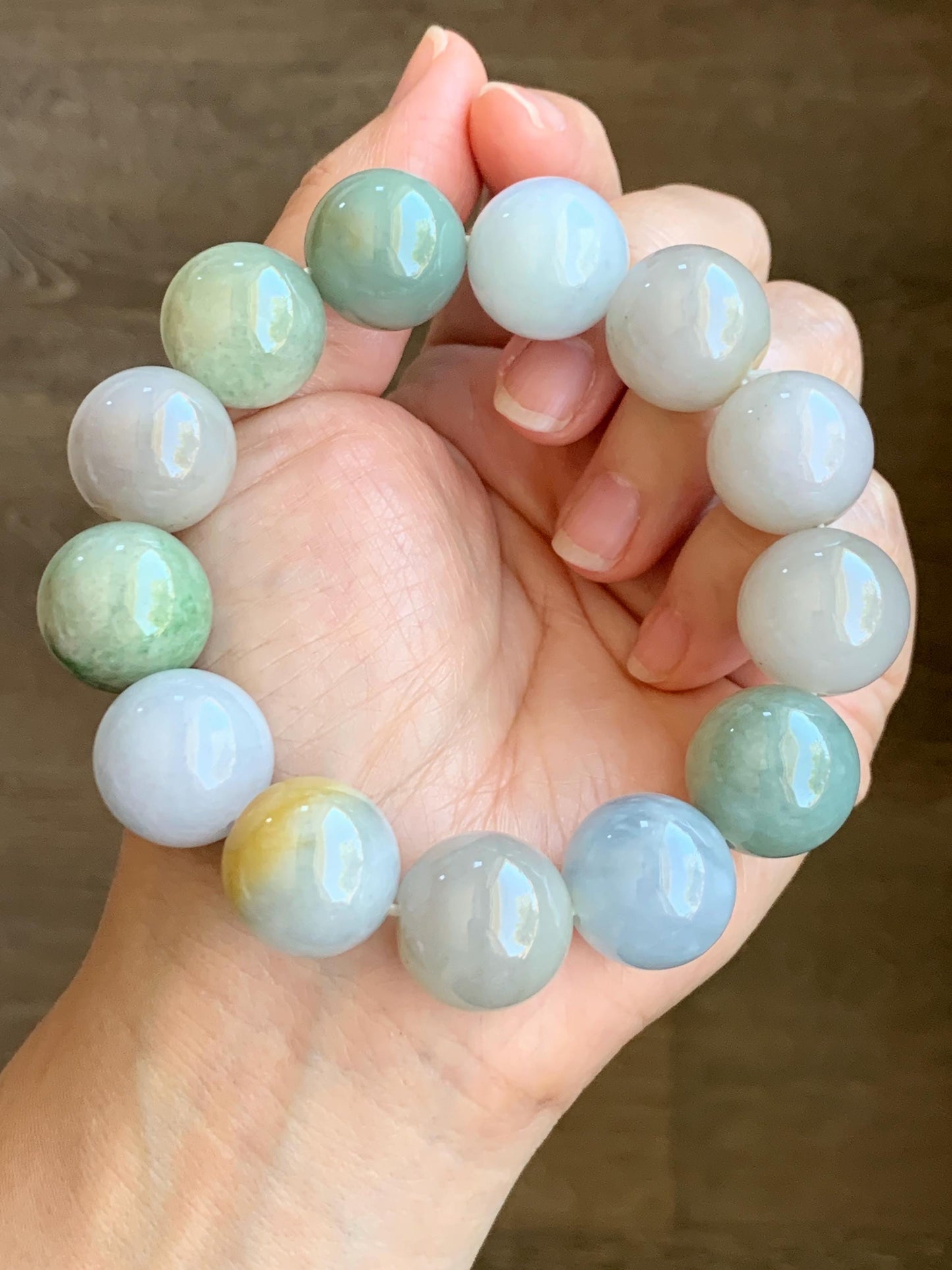 Certified Natural Grade A Icy Translucent Multicolored Jade Jadeite Large Beads Beaded Bracelet 17.9mm 8.5" 132g 天然冰多宝翡翠大卡圆珠手串 9402
