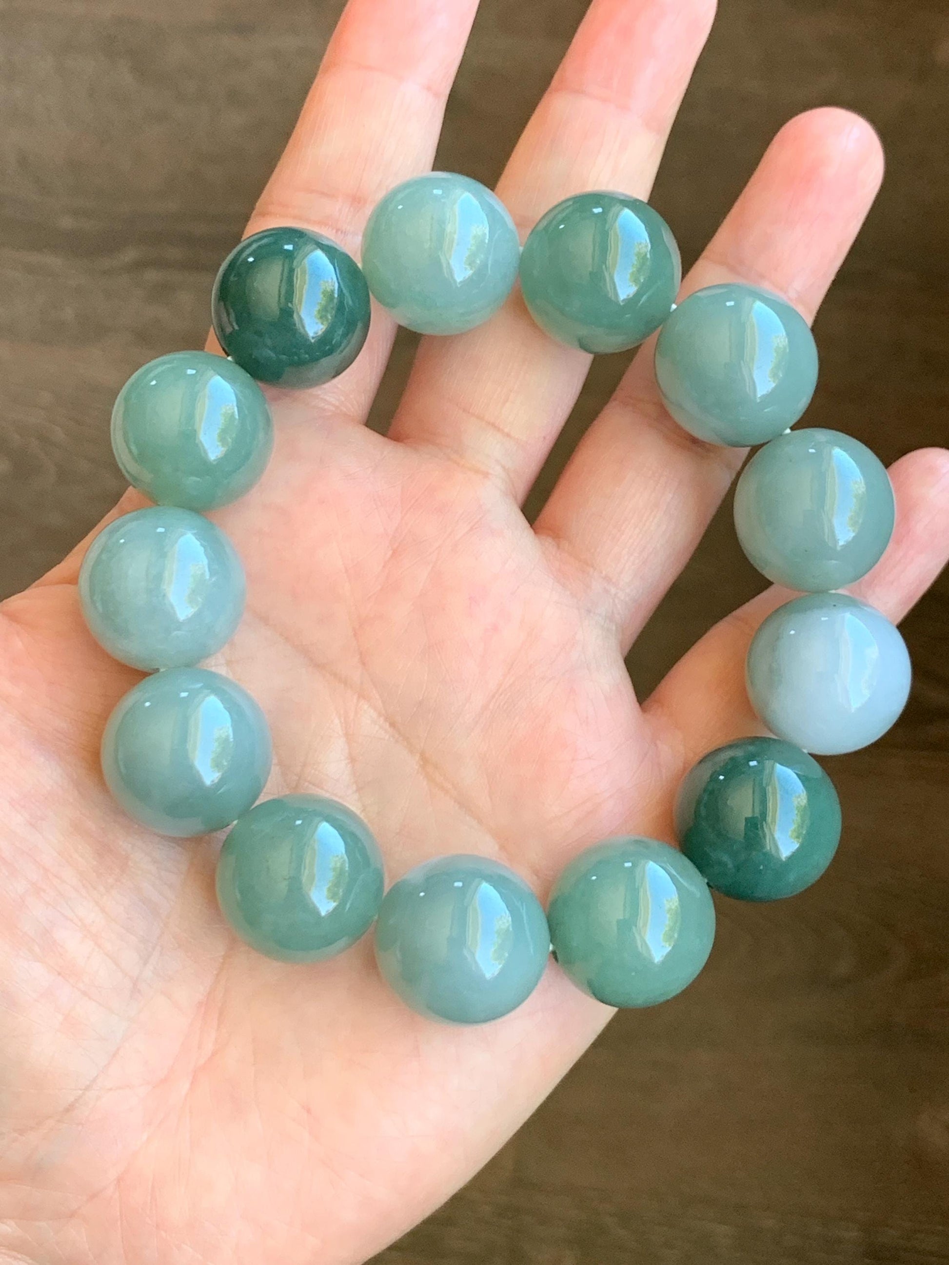 Certified Natural Grade A Icy Translucent Multicolored Green Jade Jadeite Large Beads Beaded Bracelet 18mm 8.5" 134g 天然冰多宝翡翠大卡圆珠手串 9401