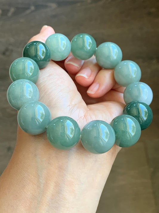 Certified Natural Grade A Icy Translucent Multicolored Green Jade Jadeite Large Beads Beaded Bracelet 18mm 8.5" 134g 天然冰多宝翡翠大卡圆珠手串 9401