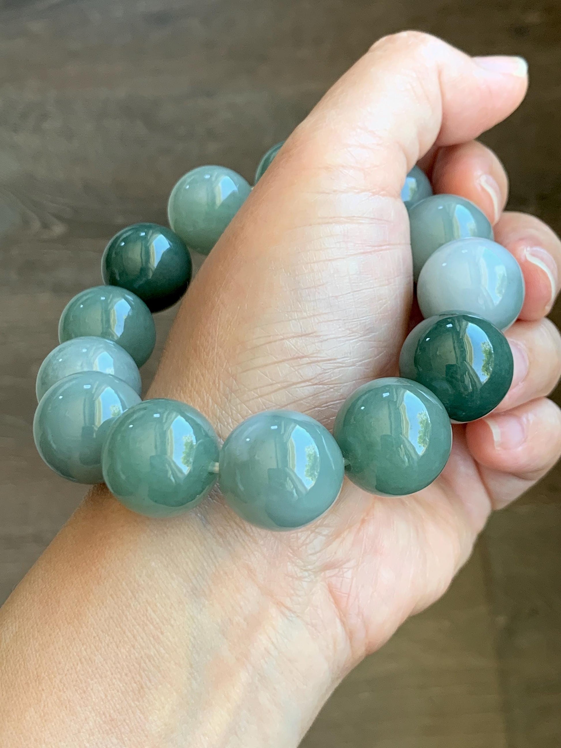 Certified Natural Grade A Icy Translucent Multicolored Green Jade Jadeite Large Beads Beaded Bracelet 18mm 8.5" 134g 天然冰多宝翡翠大卡圆珠手串 9401