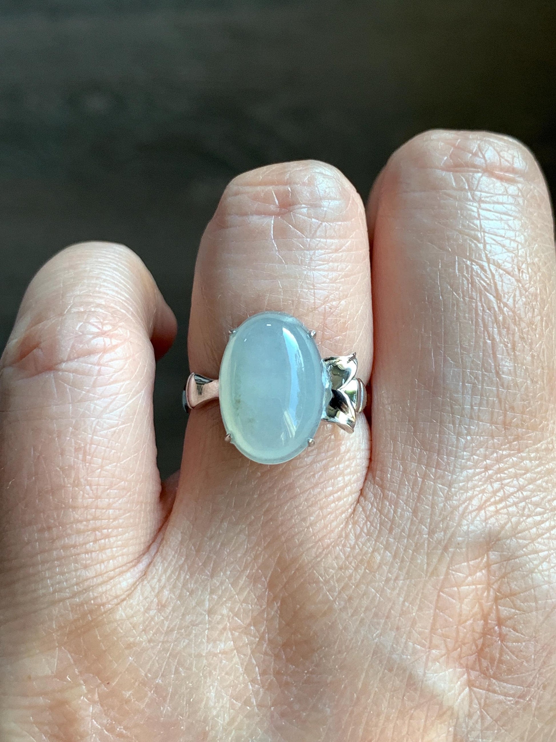 Certified Natural Grade A Icy Translucent Gelatinous Large Oval Jade Jadeite Bamboo Ring Sterling Silver size 7 3.6g 天然冰胶飘花翡翠镶嵌竹节款戒指 7395