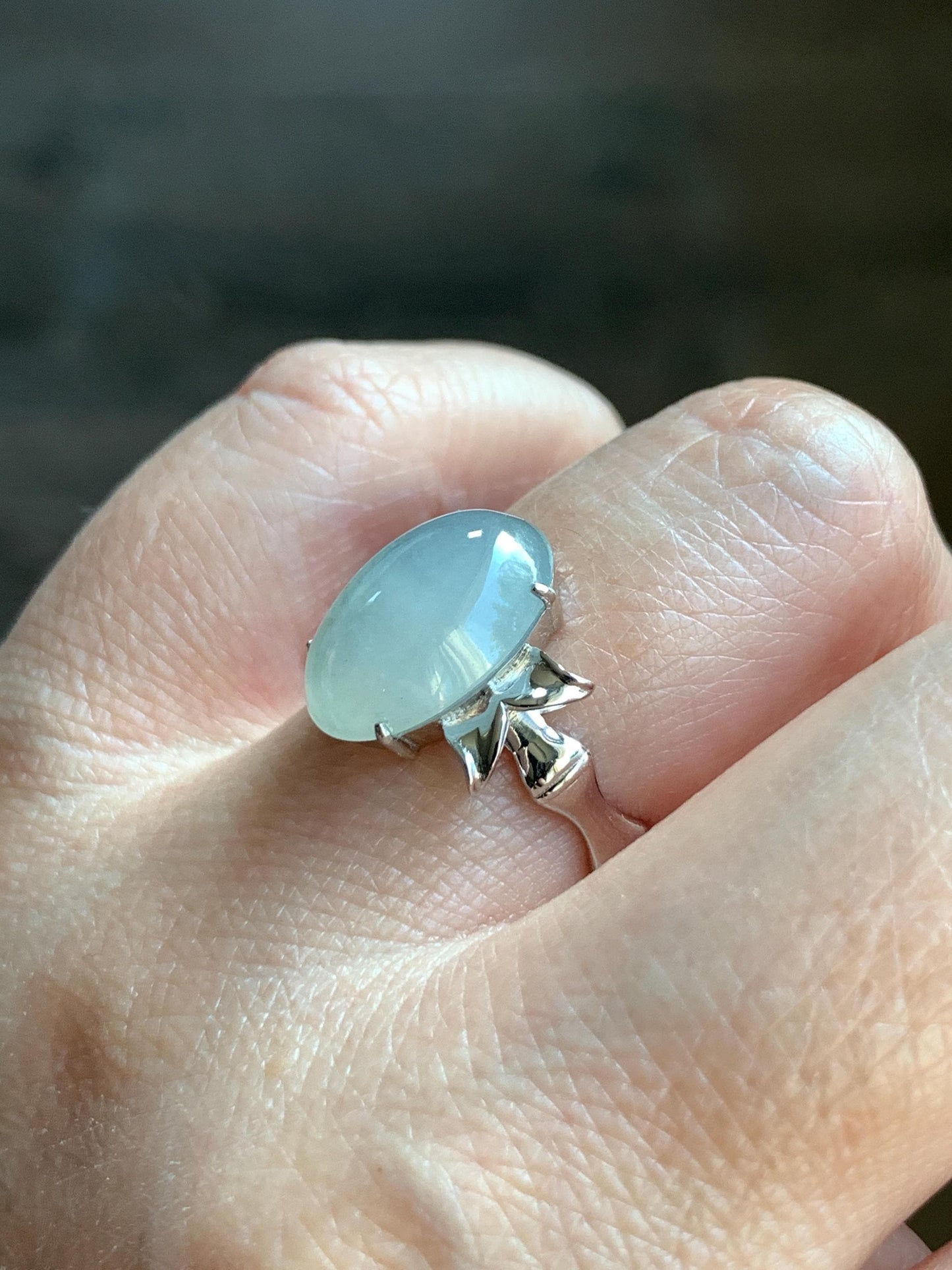Certified Natural Grade A Icy Translucent Gelatinous Large Oval Jade Jadeite Bamboo Ring Sterling Silver size 7 3.6g 天然冰胶飘花翡翠镶嵌竹节款戒指 7395