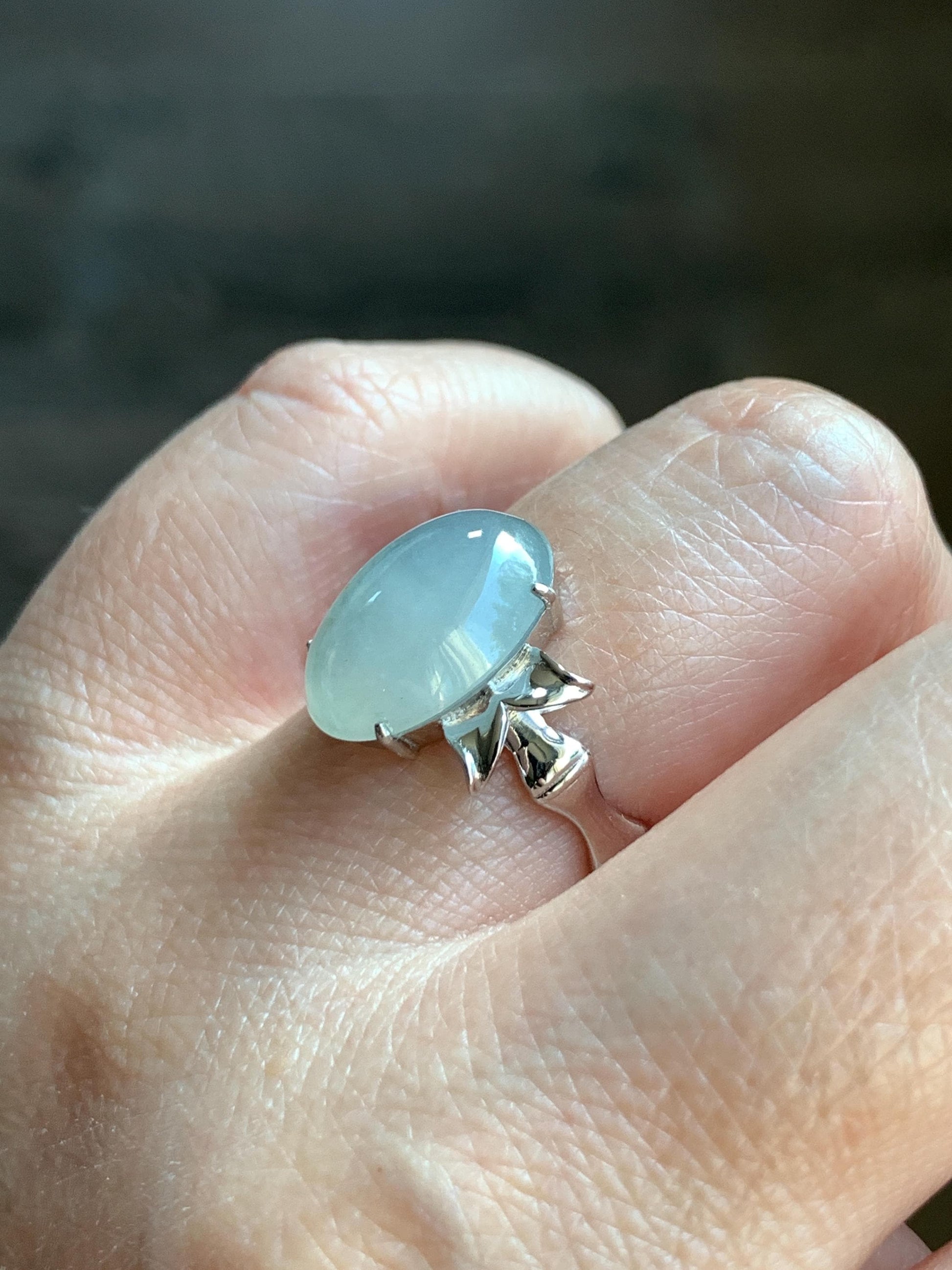 Certified Natural Grade A Icy Translucent Gelatinous Large Oval Jade Jadeite Bamboo Ring Sterling Silver size 7 3.6g 天然冰胶飘花翡翠镶嵌竹节款戒指 7395
