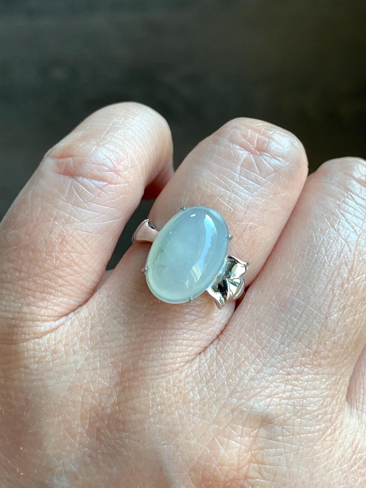 Certified Natural Grade A Icy Translucent Gelatinous Large Oval Jade Jadeite Bamboo Ring Sterling Silver size 7 3.6g 天然冰胶飘花翡翠镶嵌竹节款戒指 7395