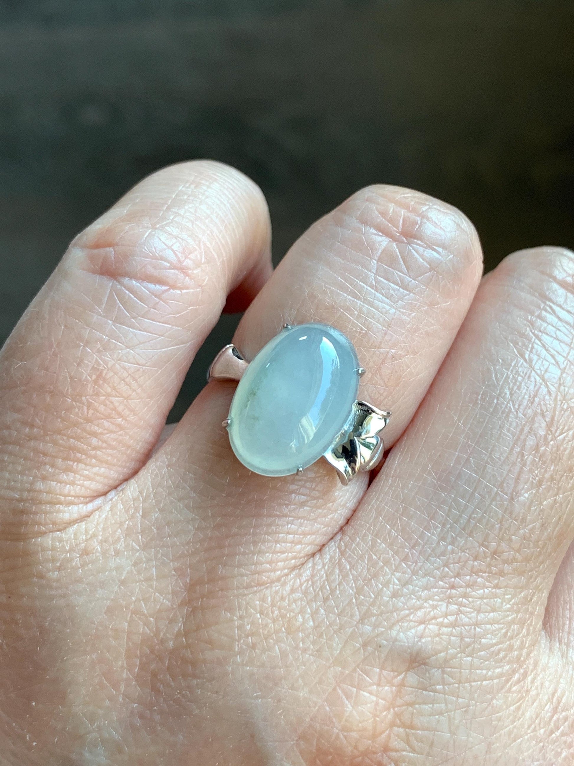 Certified Natural Grade A Icy Translucent Gelatinous Large Oval Jade Jadeite Bamboo Ring Sterling Silver size 7 3.6g 天然冰胶飘花翡翠镶嵌竹节款戒指 7395