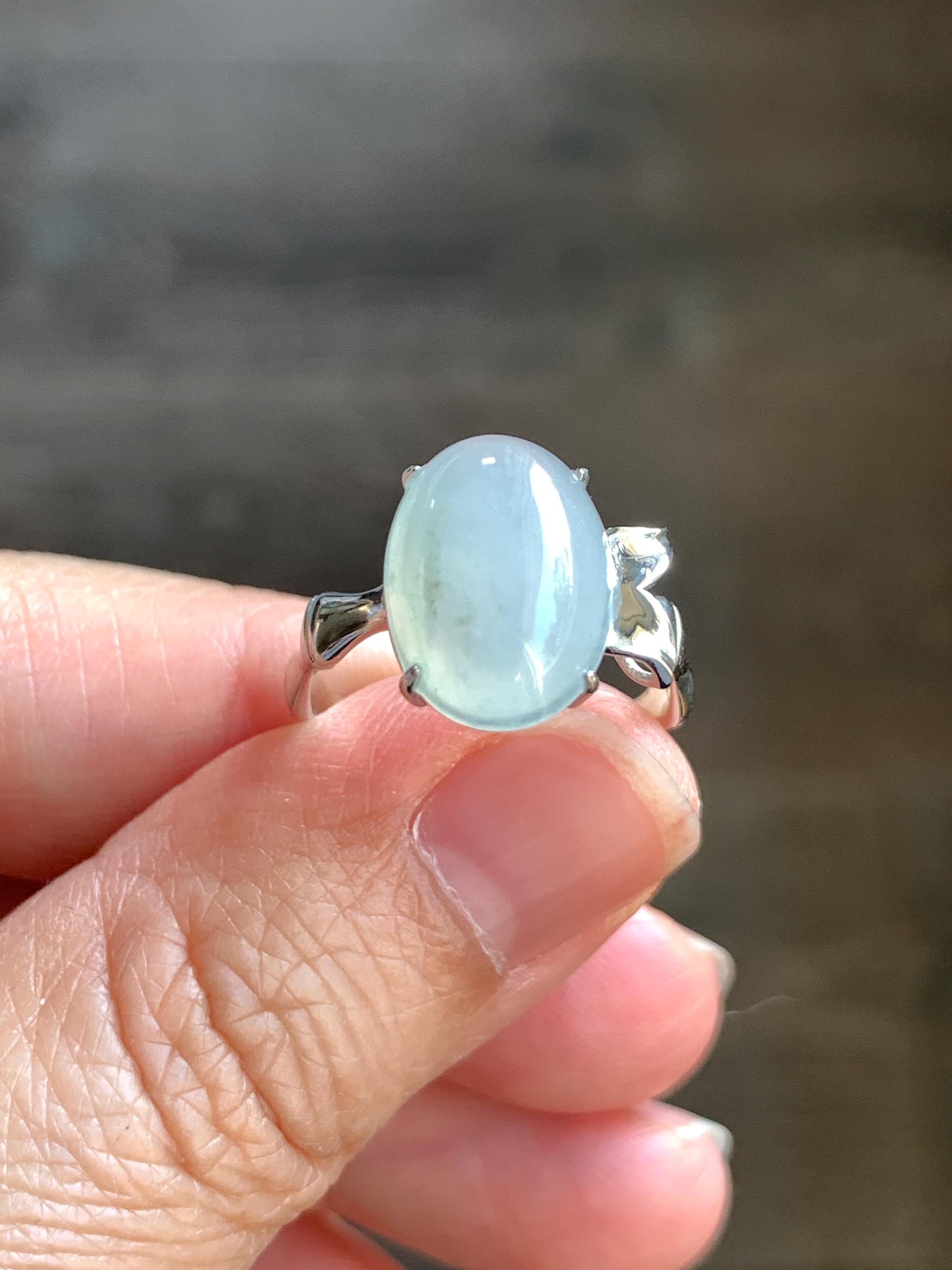 Certified Natural Grade A Icy Translucent Gelatinous Large Oval Jade Jadeite Bamboo Ring Sterling Silver size 7 3.6g 天然冰胶飘花翡翠镶嵌竹节款戒指 7395