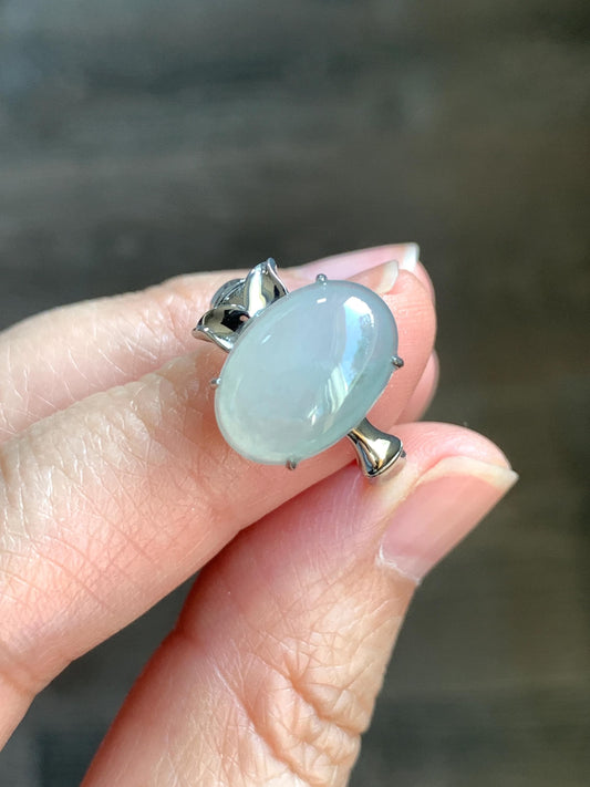 Certified Natural Grade A Icy Translucent Gelatinous Large Oval Jade Jadeite Bamboo Ring Sterling Silver size 7 3.6g 天然冰胶飘花翡翠镶嵌竹节款戒指 7395
