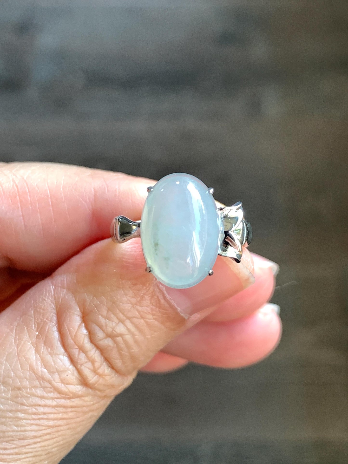 Certified Natural Grade A Icy Translucent Gelatinous Large Oval Jade Jadeite Bamboo Ring Sterling Silver size 7 3.6g 天然冰胶飘花翡翠镶嵌竹节款戒指 7395
