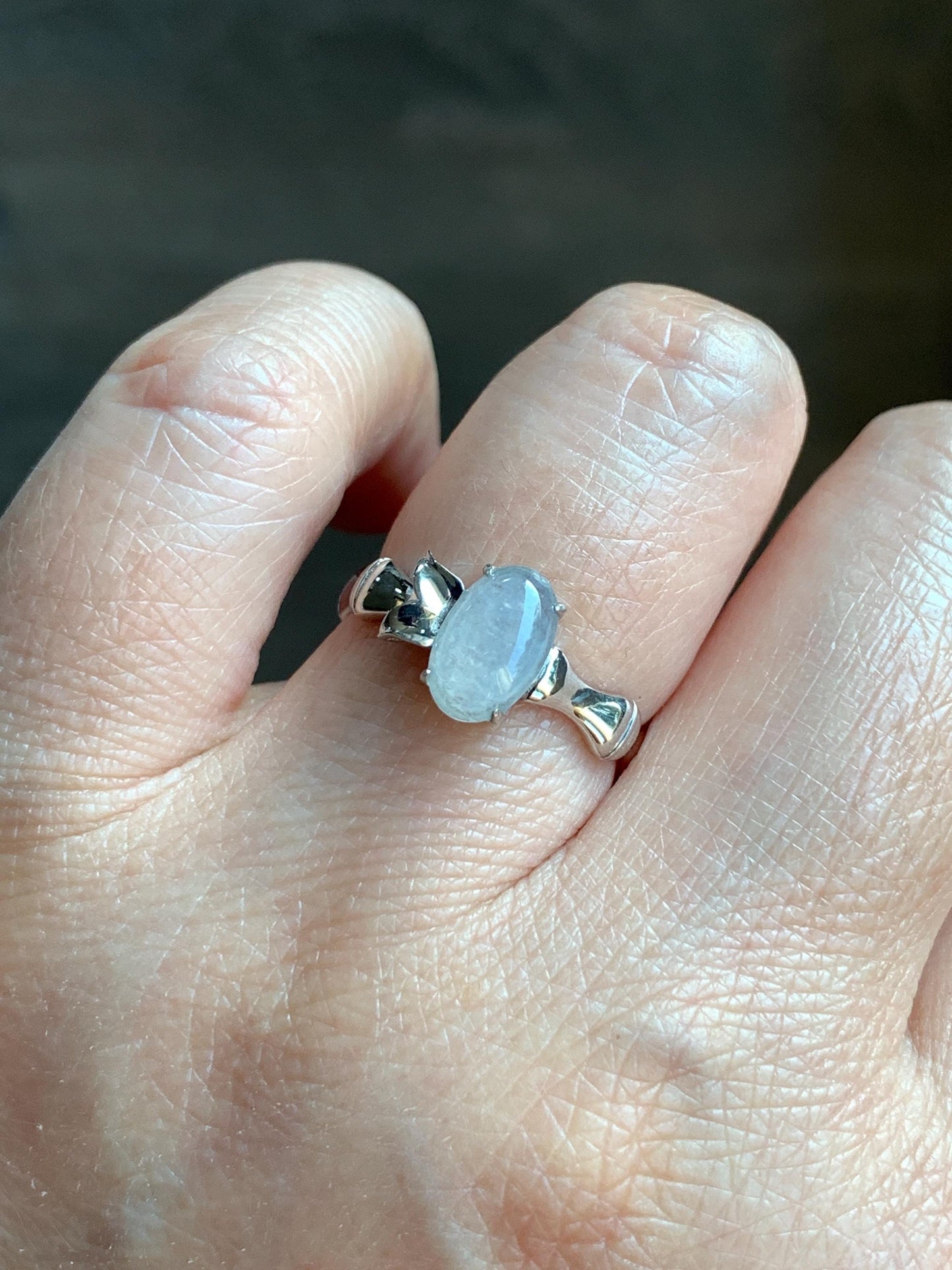Certified Natural Grade A Icy Highly Translucent Gelatinous Icy White Oval Jadeite Bamboo Ring Sterling Silver size 7 US 天然冰胶翡翠镶嵌竹节款戒指 7397