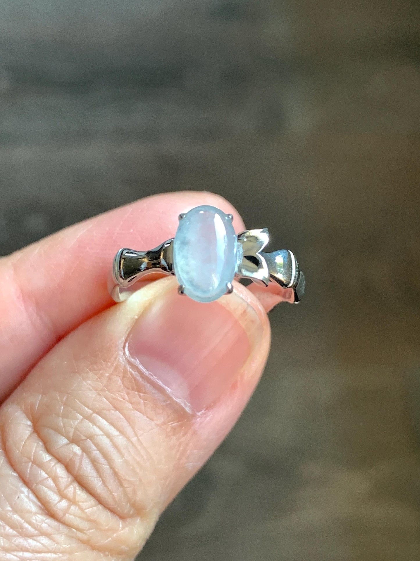 Certified Natural Grade A Icy Highly Translucent Gelatinous Icy White Oval Jadeite Bamboo Ring Sterling Silver size 7 US 天然冰胶翡翠镶嵌竹节款戒指 7397