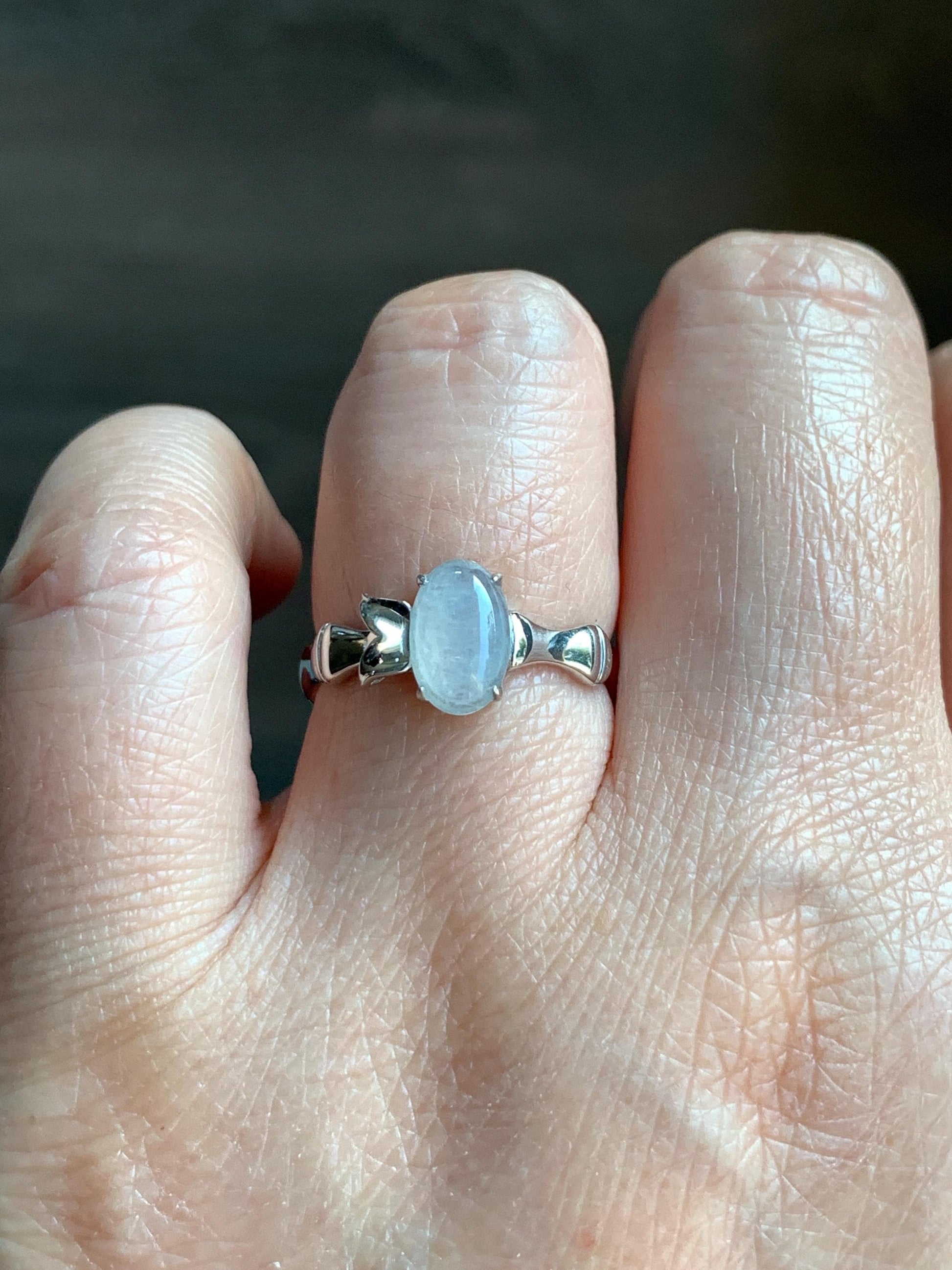 Certified Natural Grade A Icy Highly Translucent Gelatinous Icy White Oval Jadeite Bamboo Ring Sterling Silver size 7 US 天然冰胶翡翠镶嵌竹节款戒指 7397