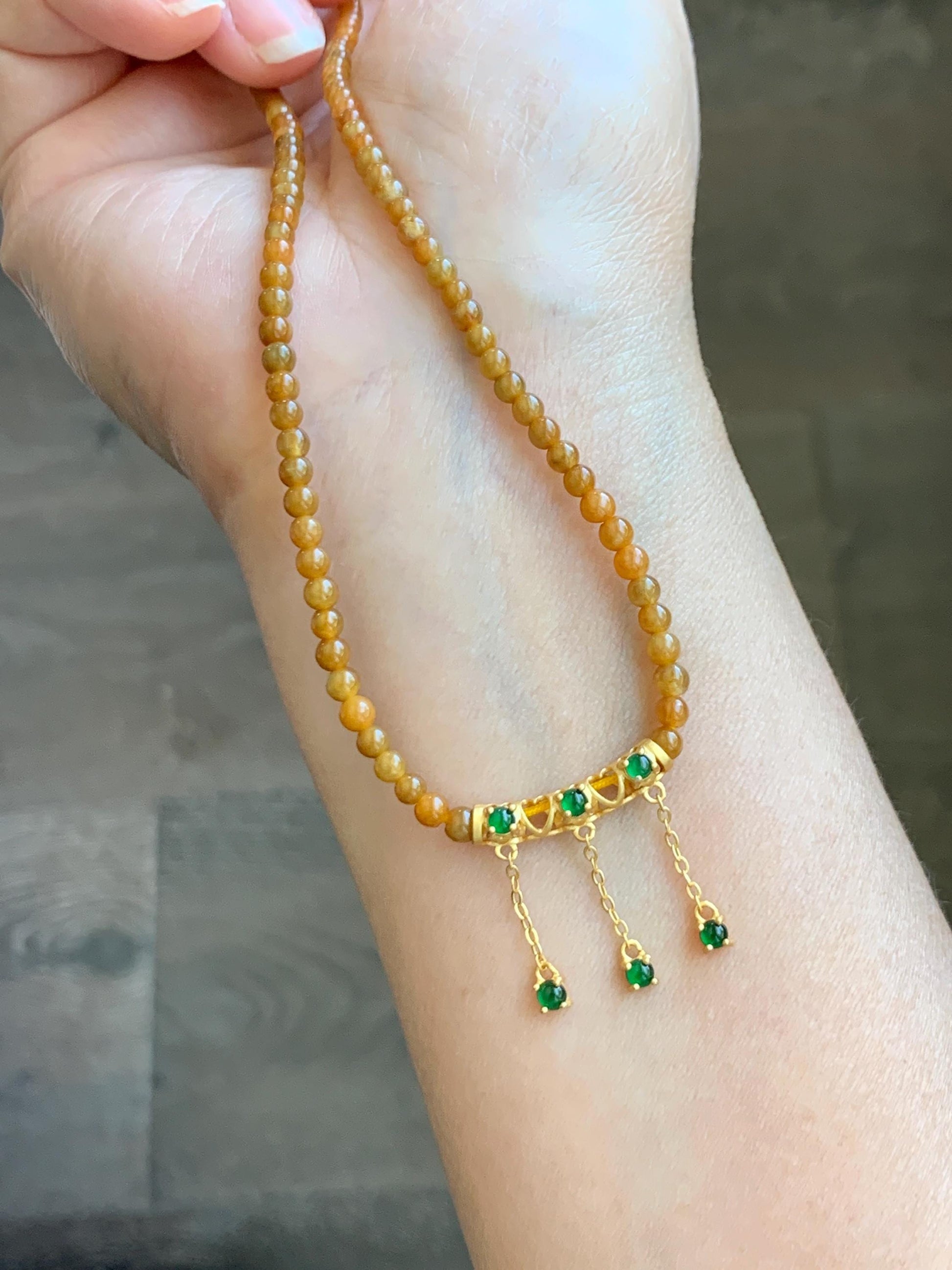 Natural Grade A Icy Translucent Intense Yellow Jadeite Petite Beads Sterling Silver Charm Beaded Necklace 17.5" 10g 天然冰油黄翡翠小圆珠冰危绿翡翠项链 JYH531