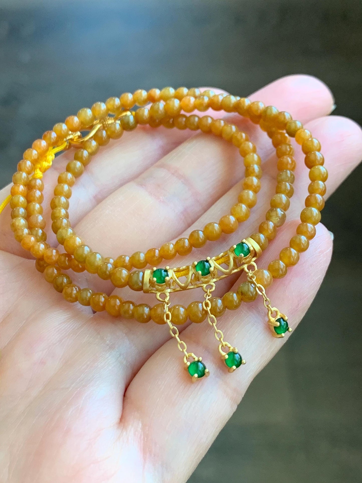 Natural Grade A Icy Translucent Intense Yellow Jadeite Petite Beads Sterling Silver Charm Beaded Necklace 17.5" 10g 天然冰油黄翡翠小圆珠冰危绿翡翠项链 JYH531