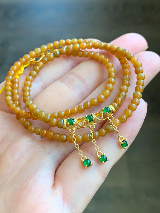 Natural Grade A Icy Translucent Intense Yellow Jadeite Petite Beads Sterling Silver Charm Beaded Necklace 17.5" 10g 天然冰油黄翡翠小圆珠冰危绿翡翠项链 JYH531