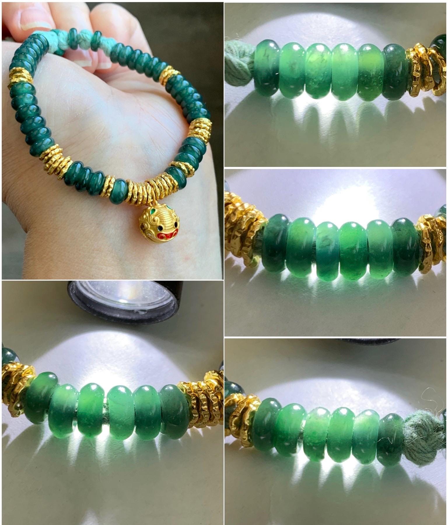 Natural Guatemalan Icy Teal Blue Jadeite & Sterling Silver Pan Chan Ring Beads Beaded Fortune Bracelet 6”-7” 16g 天然冰危蓝翡翠盘缠珠纯银盘缠貔貅铃铛手串 WJP275