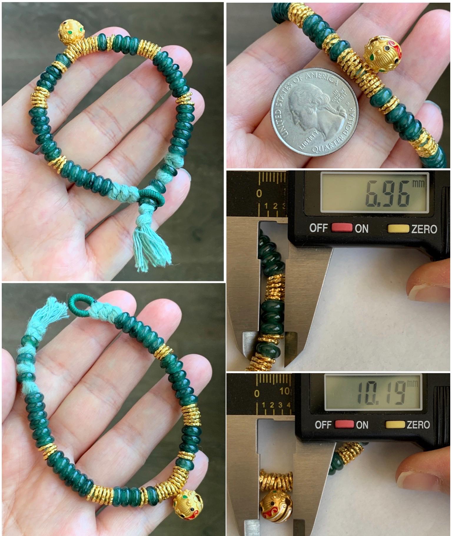 Natural Guatemalan Icy Teal Blue Jadeite & Sterling Silver Pan Chan Ring Beads Beaded Fortune Bracelet 6”-7” 16g 天然冰危蓝翡翠盘缠珠纯银盘缠貔貅铃铛手串 WJP275