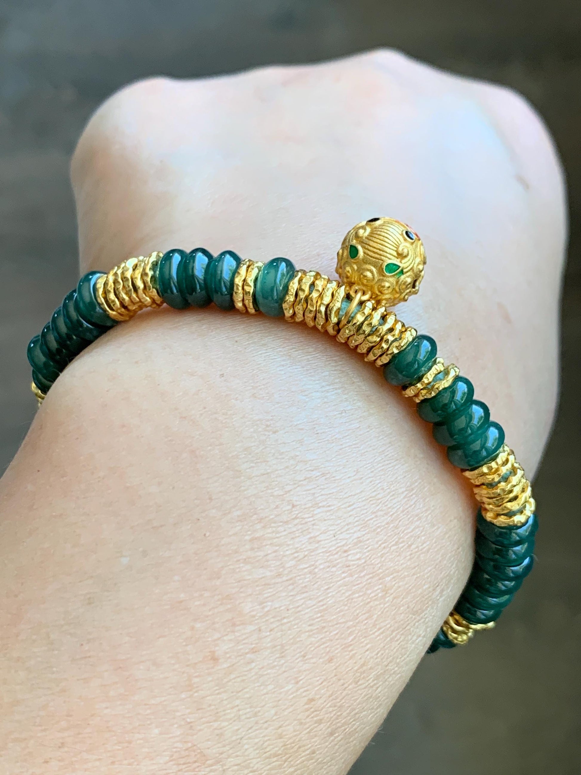 Natural Guatemalan Icy Teal Blue Jadeite & Sterling Silver Pan Chan Ring Beads Beaded Fortune Bracelet 6”-7” 16g 天然冰危蓝翡翠盘缠珠纯银盘缠貔貅铃铛手串 WJP275