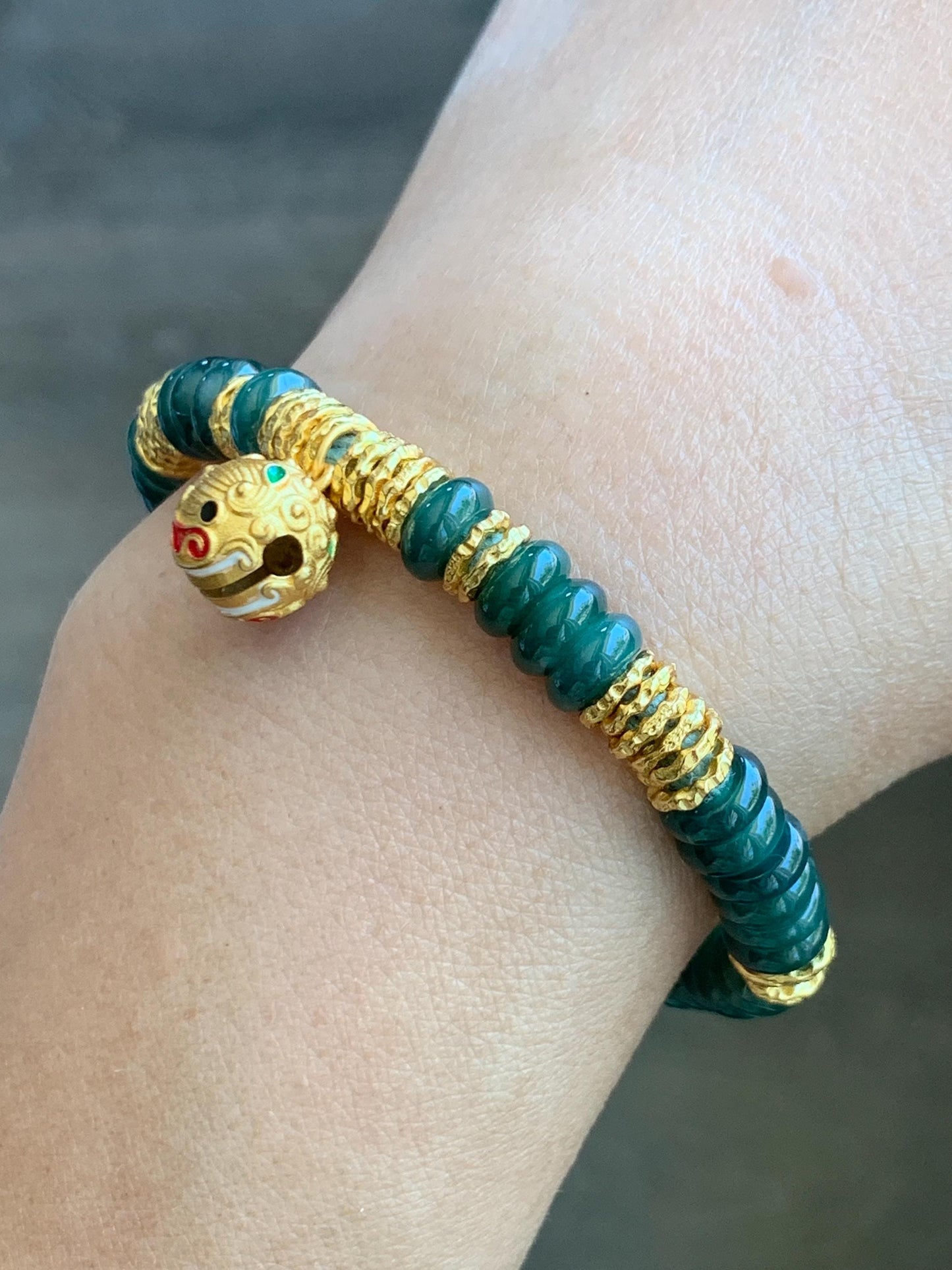 Natural Guatemalan Icy Teal Blue Jadeite & Sterling Silver Pan Chan Ring Beads Beaded Fortune Bracelet 6”-7” 16g 天然冰危蓝翡翠盘缠珠纯银盘缠貔貅铃铛手串 WJP275