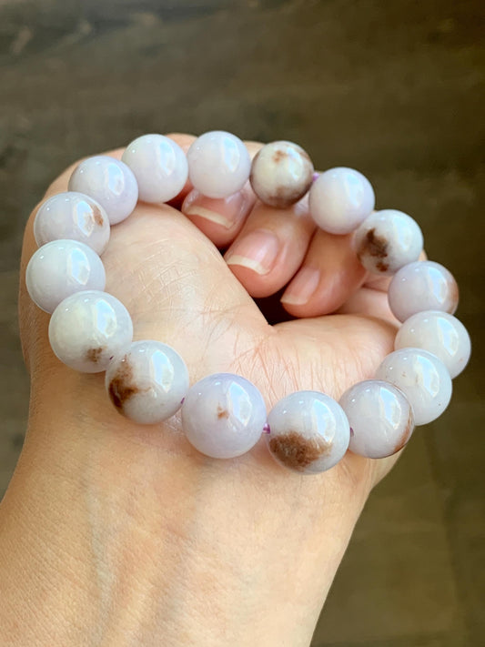 Natural Grade A Icy Translucent Pastel Purple Rust Marbled Jade Jadeite Large Beads Beaded Bracelet 12.8mm 7.5” 58g 天然宝紫飘红花翡翠大卡圆珠手串 ZPH330