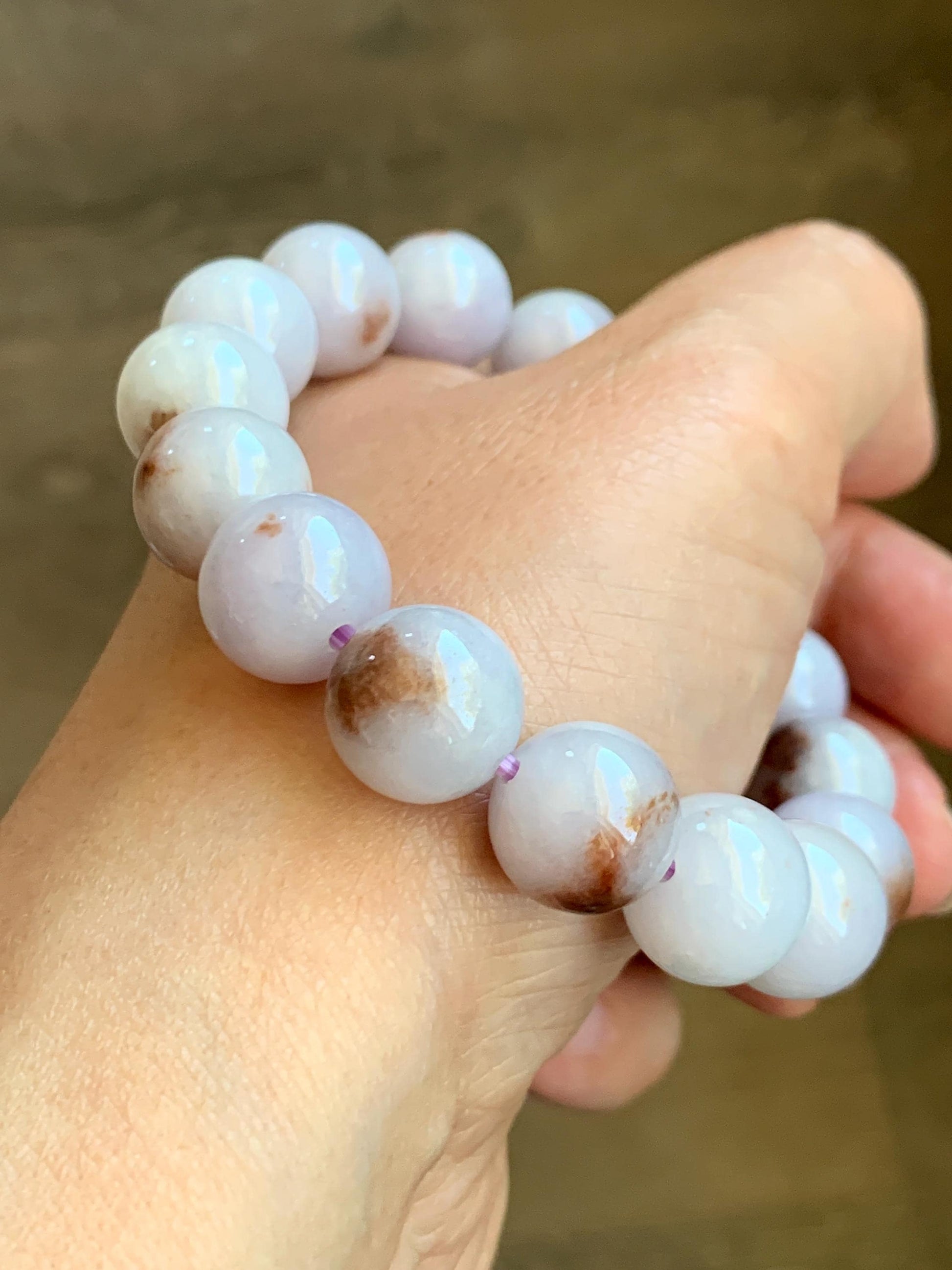Natural Grade A Icy Translucent Pastel Purple Rust Marbled Jade Jadeite Large Beads Beaded Bracelet 12.8mm 7.5” 58g 天然宝紫飘红花翡翠大卡圆珠手串 ZPH330